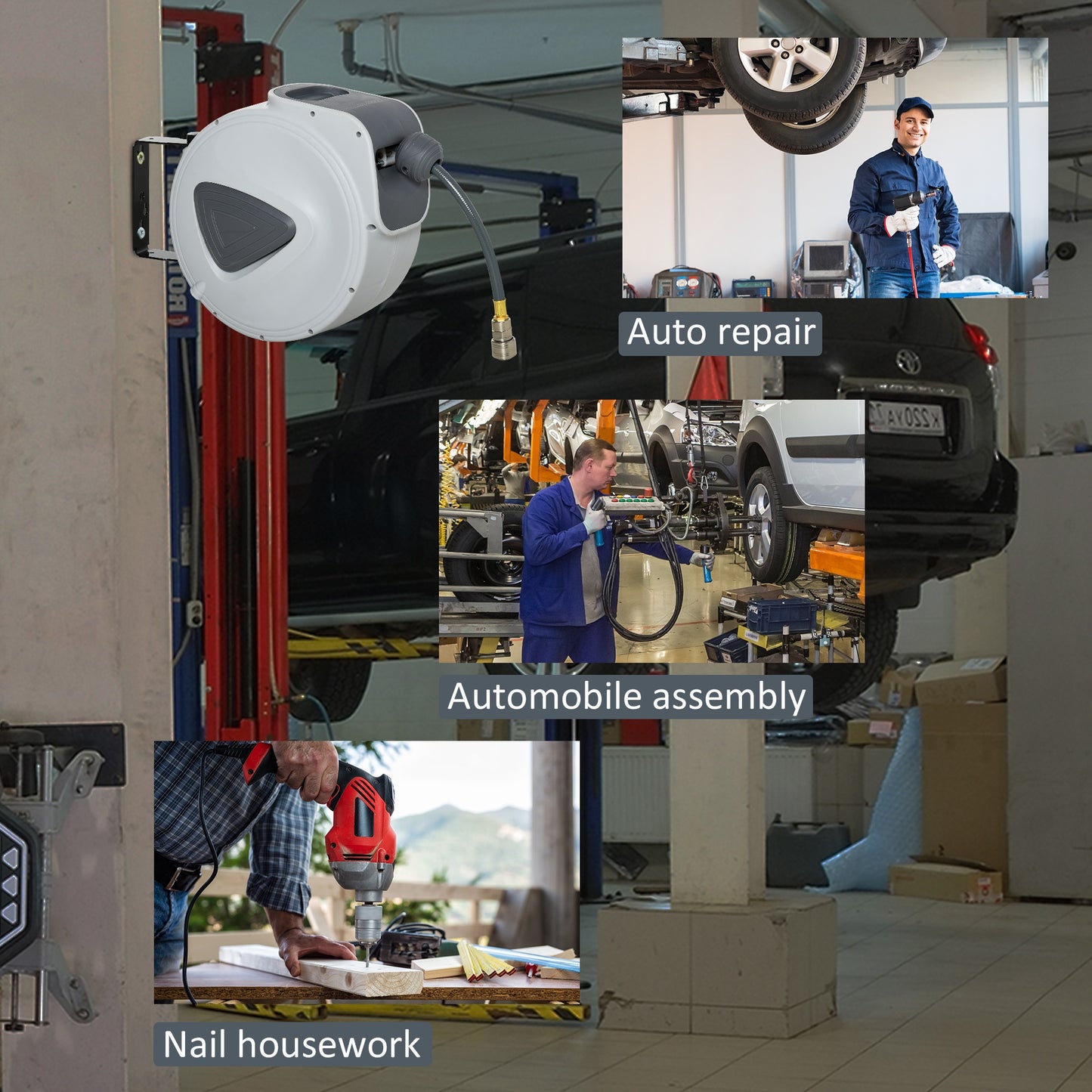 Retractable Air Hose Reel 10m+90cm Hose Diameter 3/8" 9.5mm Hose Connector 1/4"