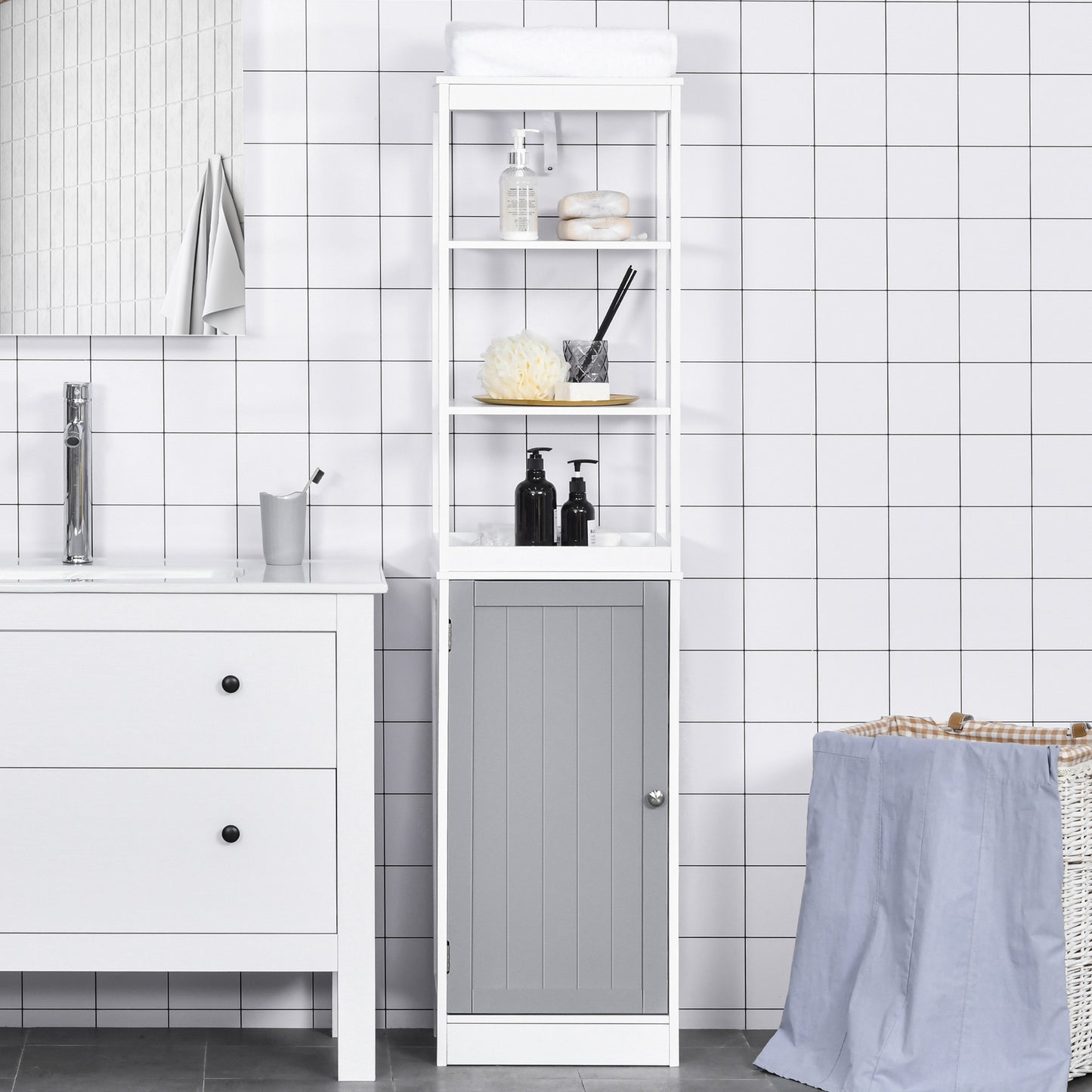 kleankin Bathroom Tall Storage Cabinet Organizer Tower w/ Door Shelves White