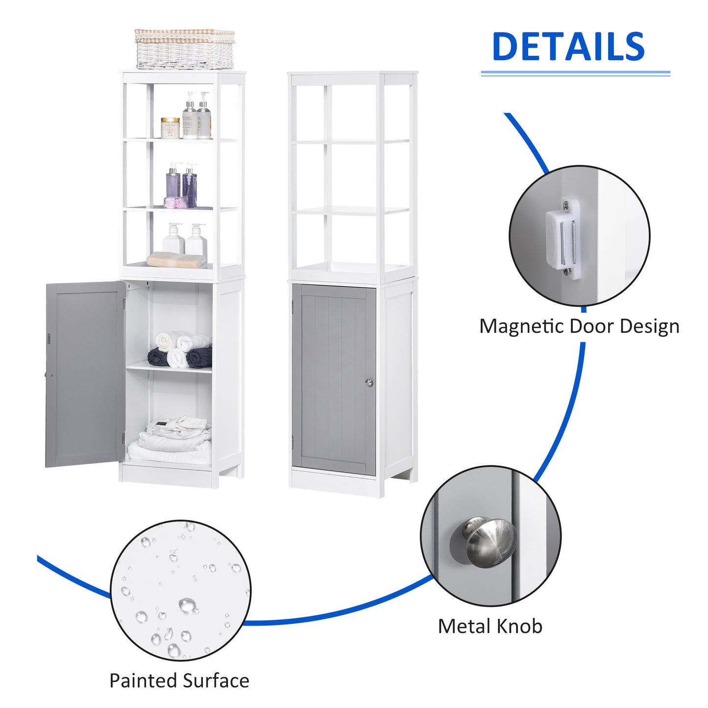 kleankin Bathroom Tall Storage Cabinet Organizer Tower w/ Door Shelves White