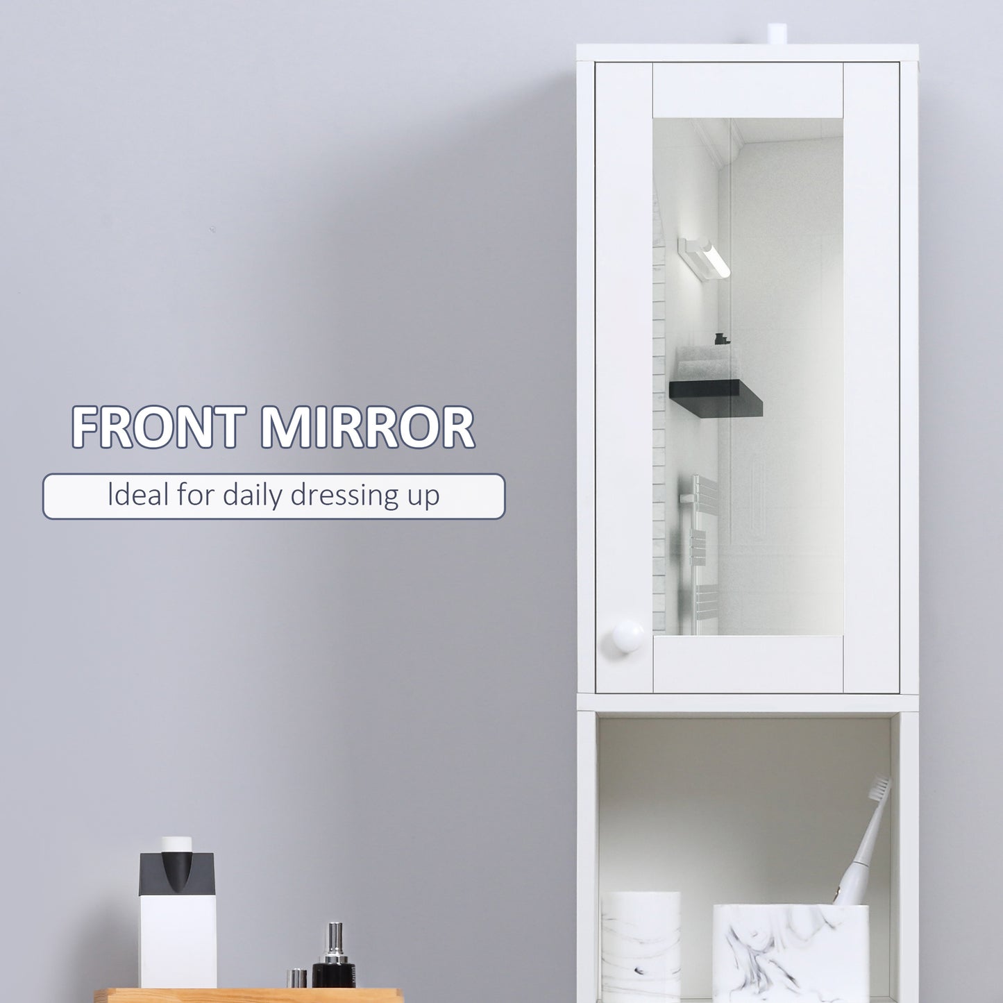 kleankin Tall Bathroom Storage Cabinet Narrow Freestanding Cabinet with Mirror