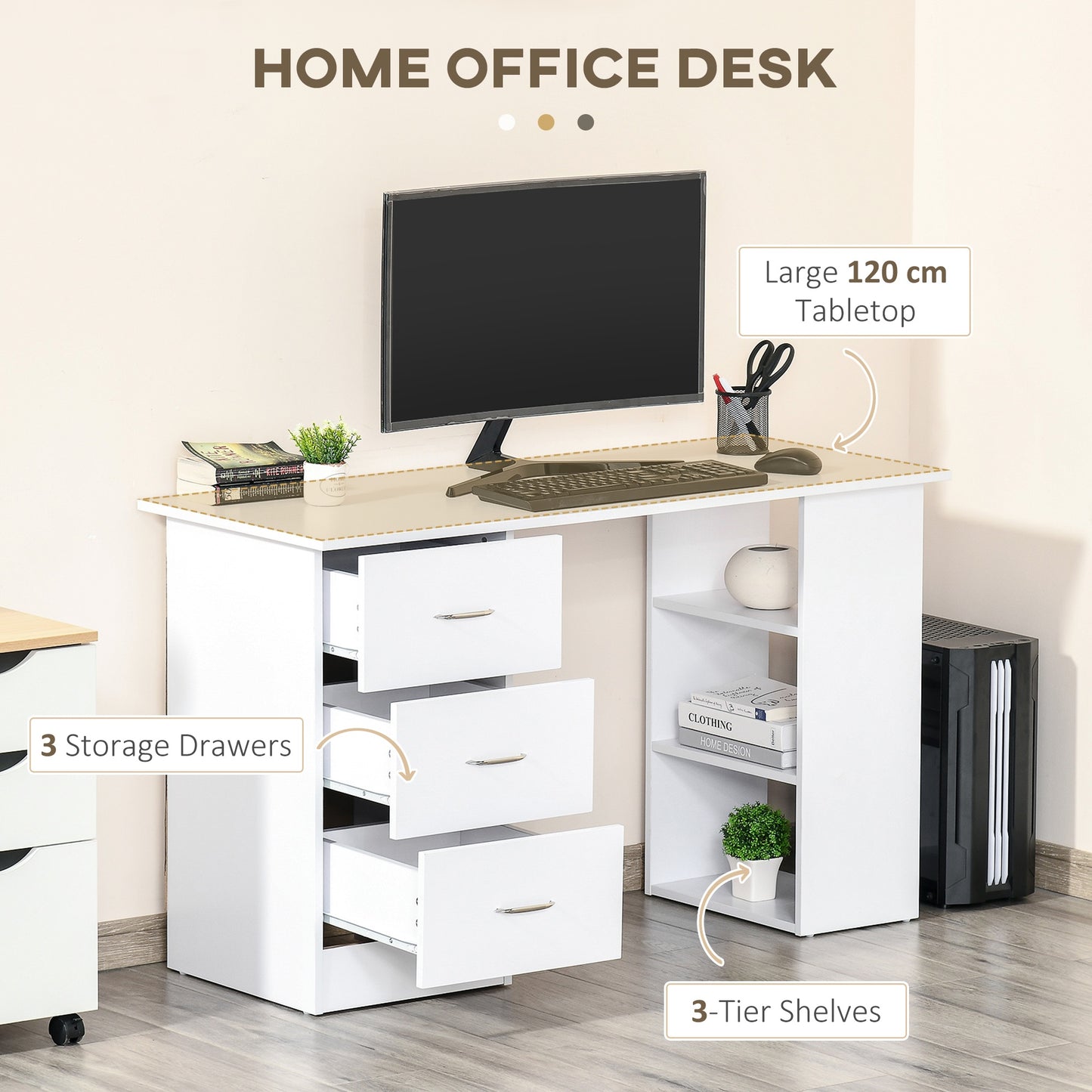 120cm Computer Desk PC Table Workstation w/ 3 Shelf & Drawers White