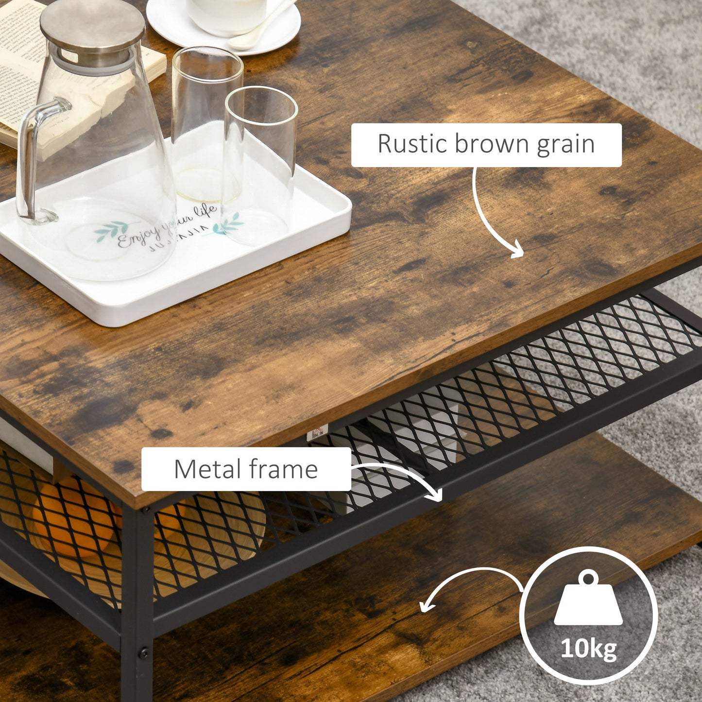 SvvalkaIndustrial Coffee Table, Cocktail Table  Storage Shelves, Rustic Brown