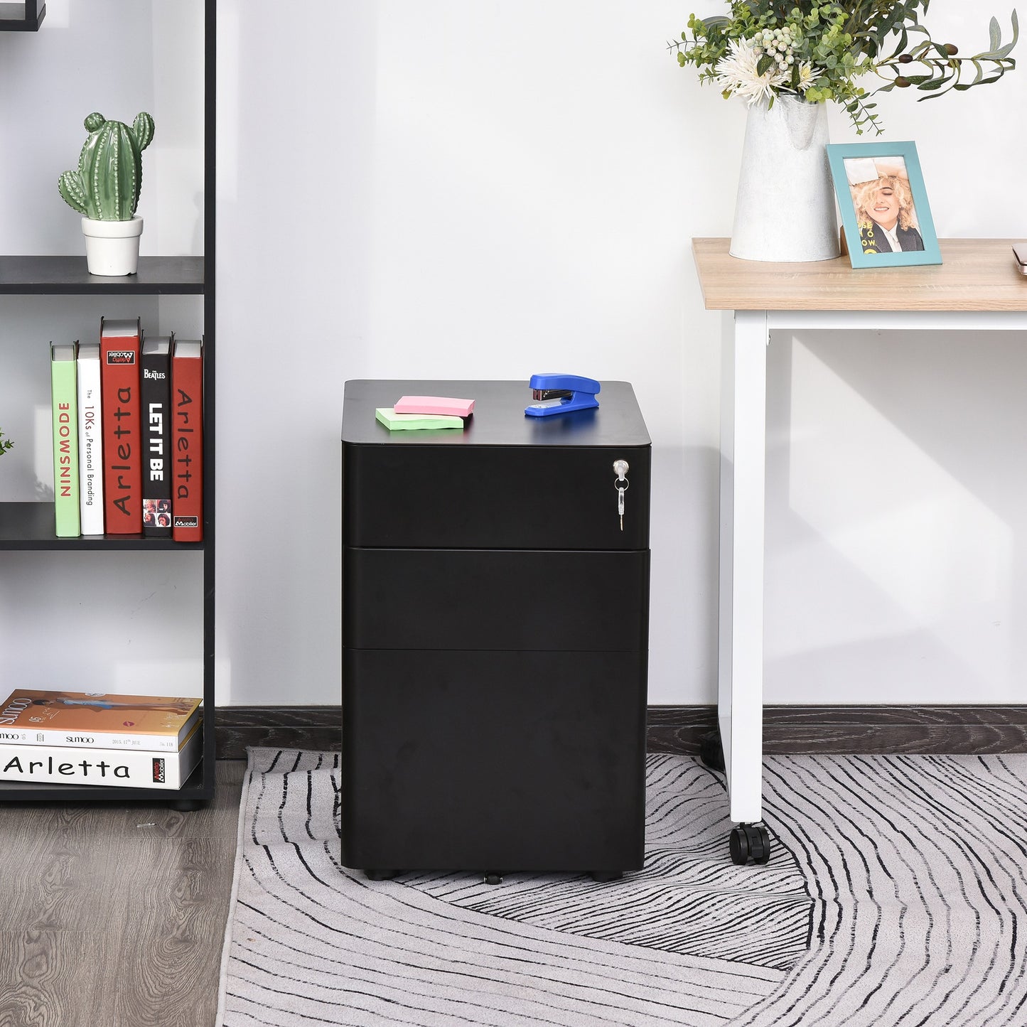 3 Draw Metal Filing Cabinet Lockable 4 Wheel Compact Under Desk Black Vinsetto