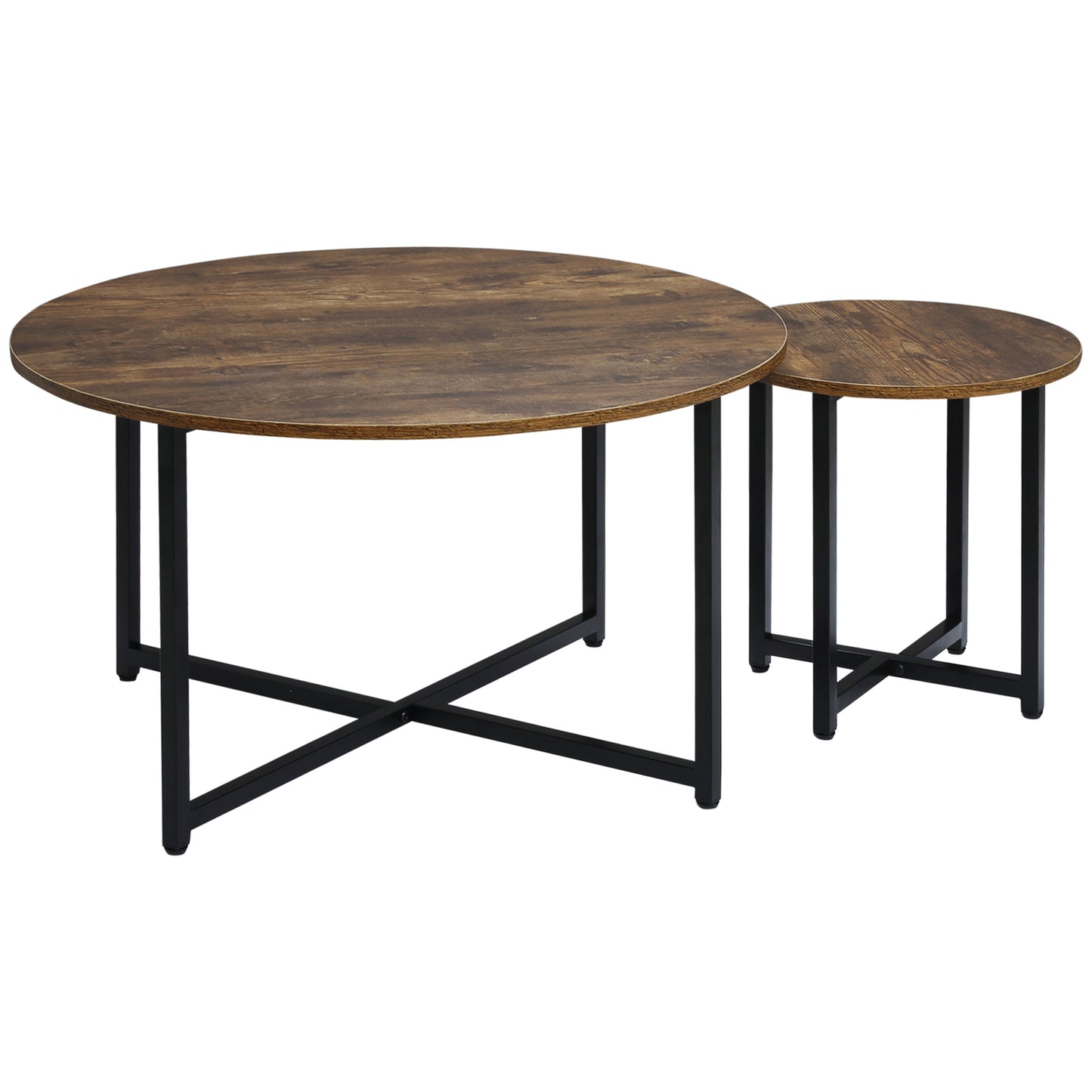 Svvalka2 Pcs Round Coffee Table with Metal Frame Side Accent Tables Brown