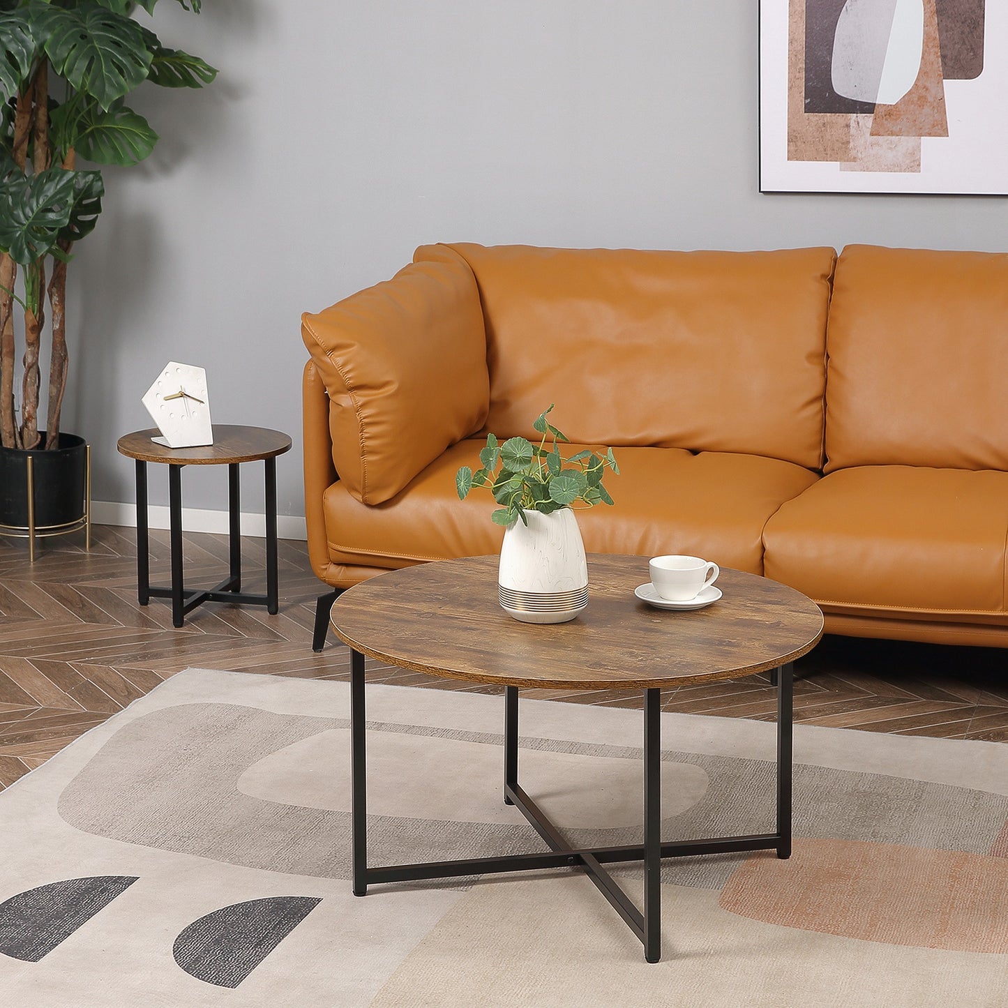 Svvalka2 Pcs Round Coffee Table with Metal Frame Side Accent Tables Brown