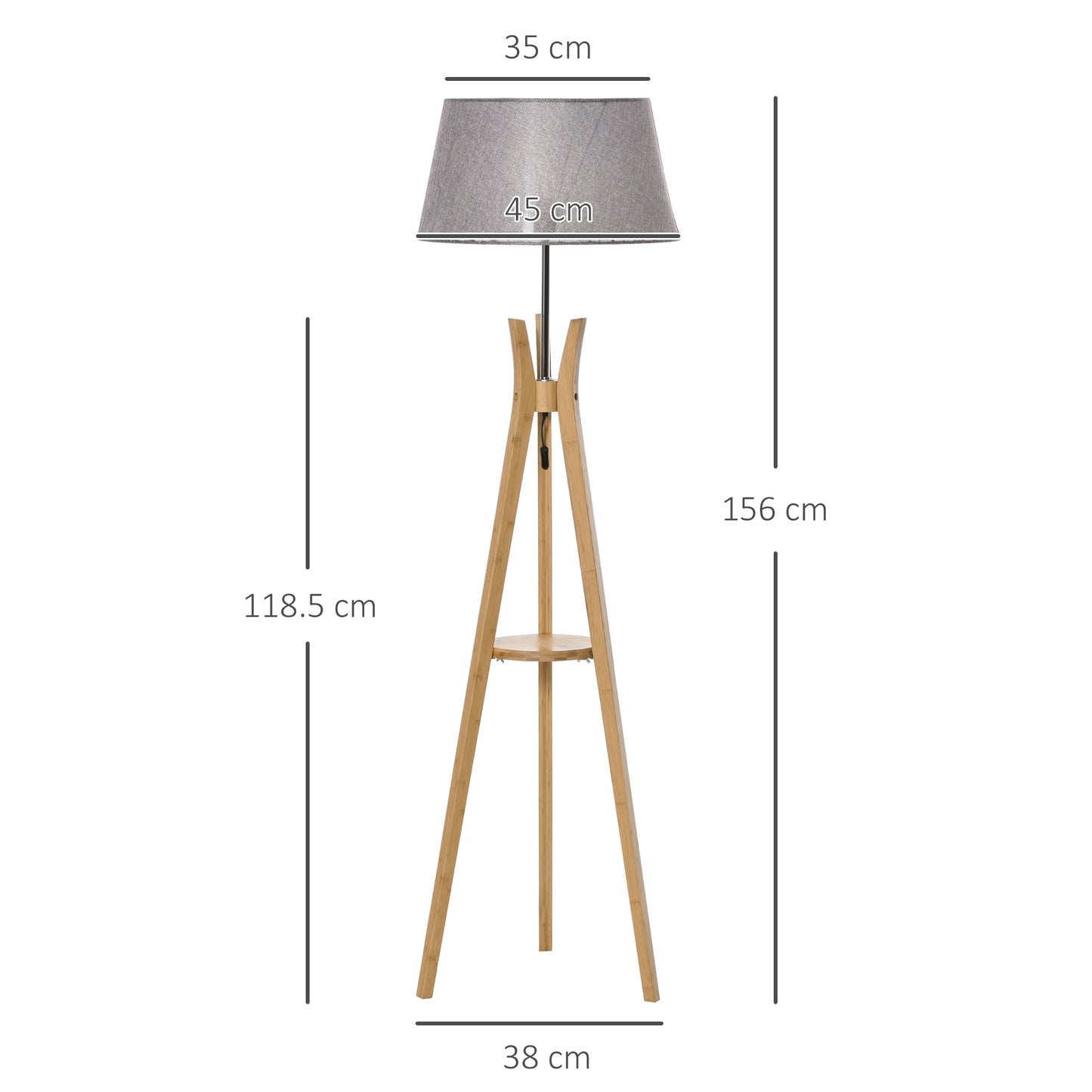 Tripod Floor Lamp Light E27 Base w/ Fabric Shade Storage Shelf, Grey HOMCOM