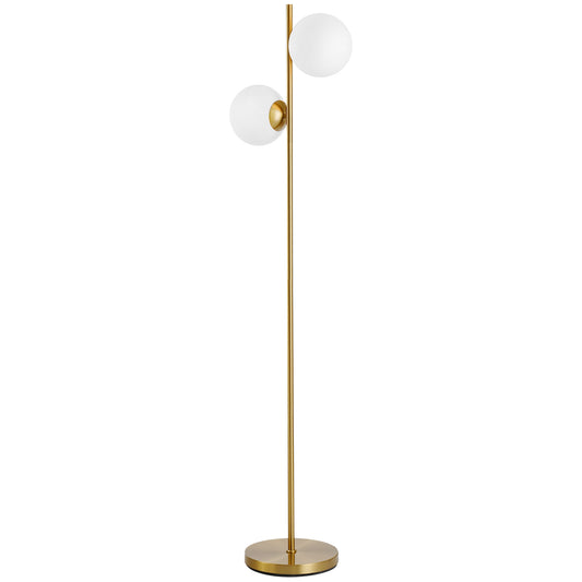 2 Glass Shade Floor Lamp Metal Pole Modern Decorative Floor Switch Gold HOMCOM