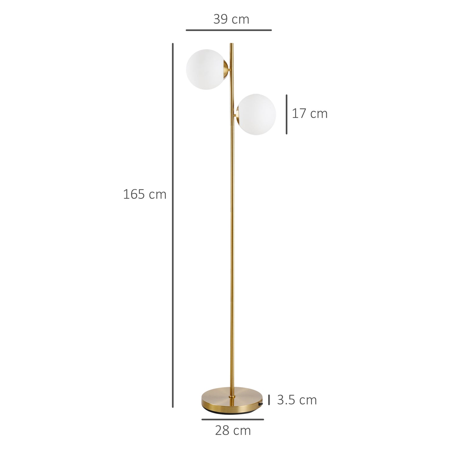 2 Glass Shade Floor Lamp Metal Pole Modern Decorative Floor Switch Gold HOMCOM