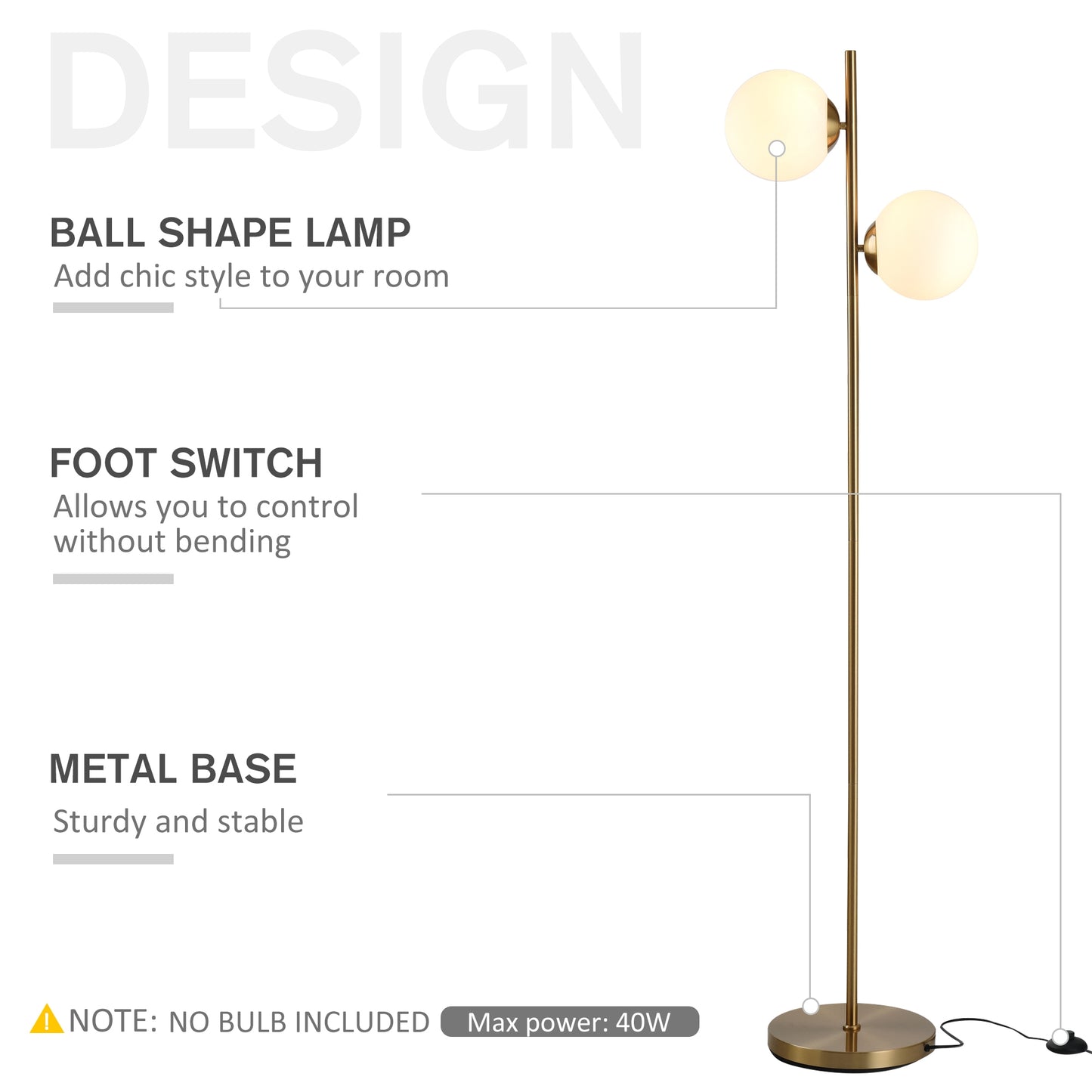 2 Glass Shade Floor Lamp Metal Pole Modern Decorative Floor Switch Gold HOMCOM