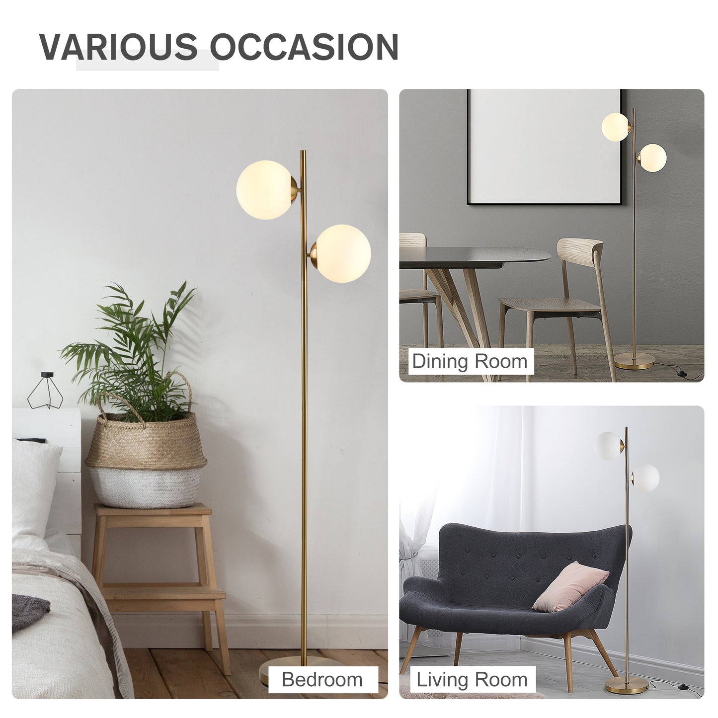 2 Glass Shade Floor Lamp Metal Pole Modern Decorative Floor Switch Gold HOMCOM