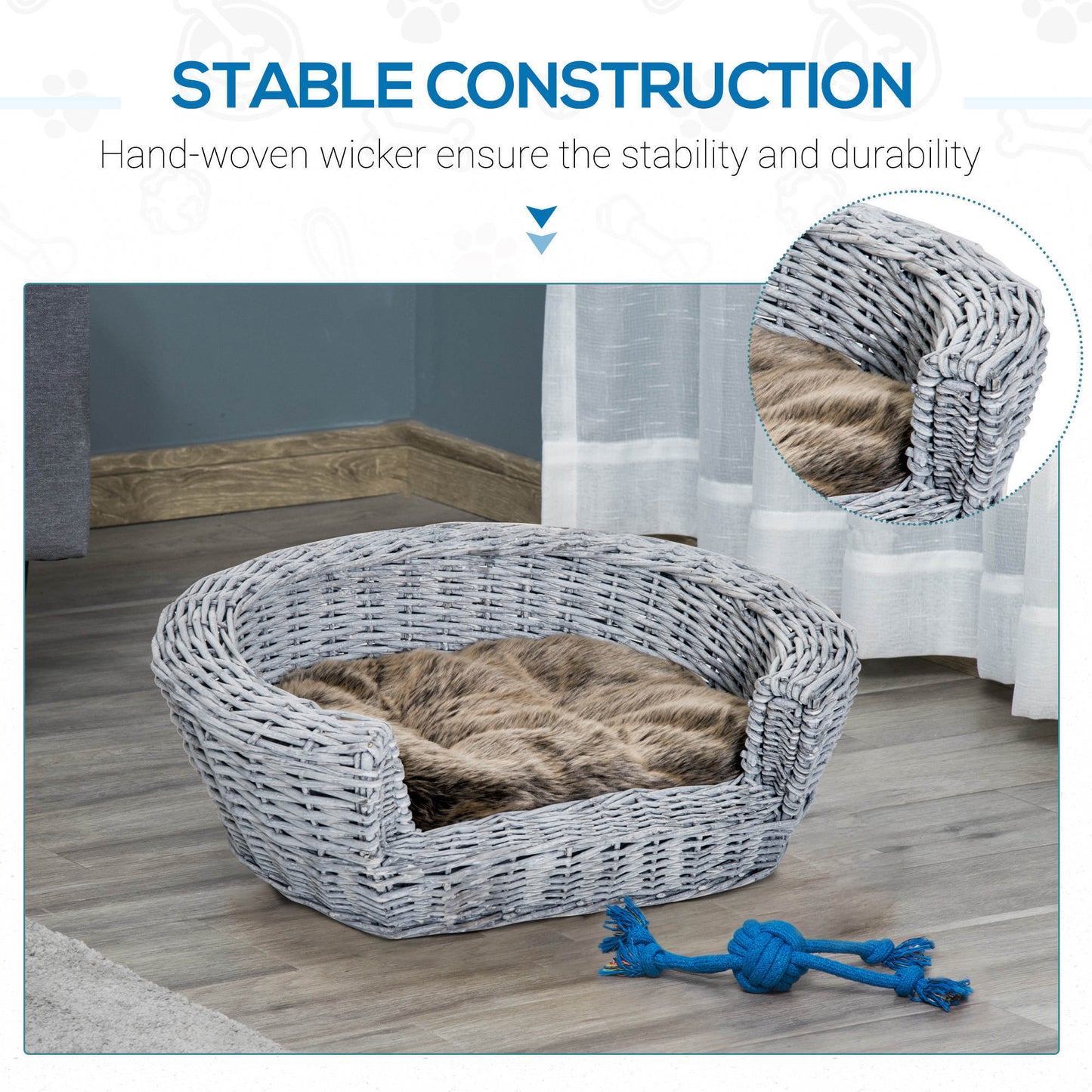 Elevated Dog Cat Couch Pet Basket Sofa Bed Wicker Willow Rattan Cushion Pawhut