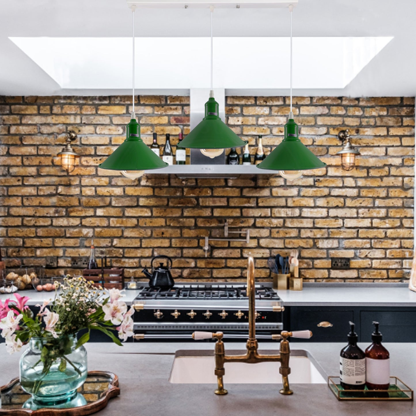 Industrial Vintage Loft Kitchen Bar 3 Lights Fittings Ceiling Cone Metal  E27 Green without bulb