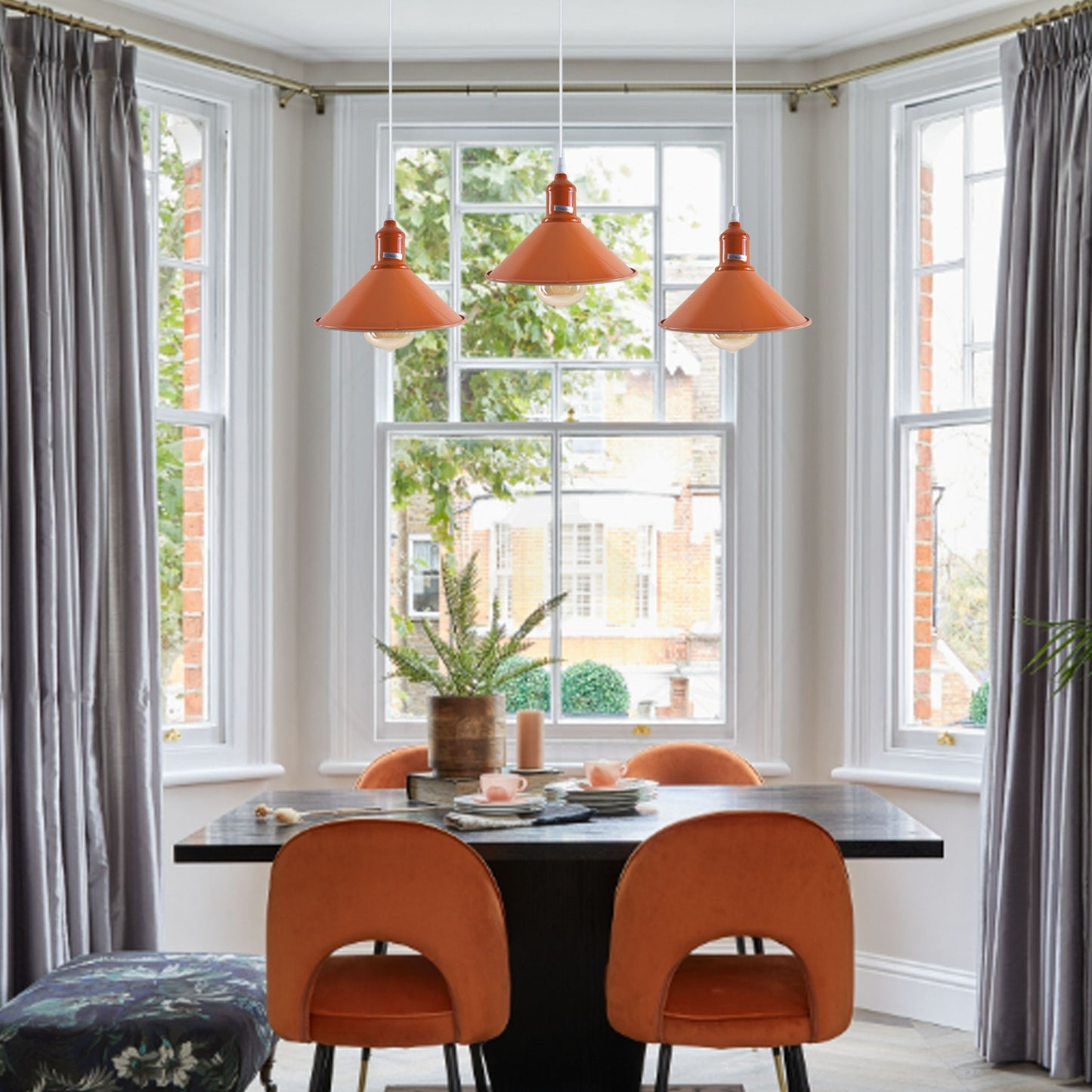 Industrial Vintage Loft Kitchen Bar 3 Lights Fittings Ceiling Cone Metal  E27 Orange with bulb