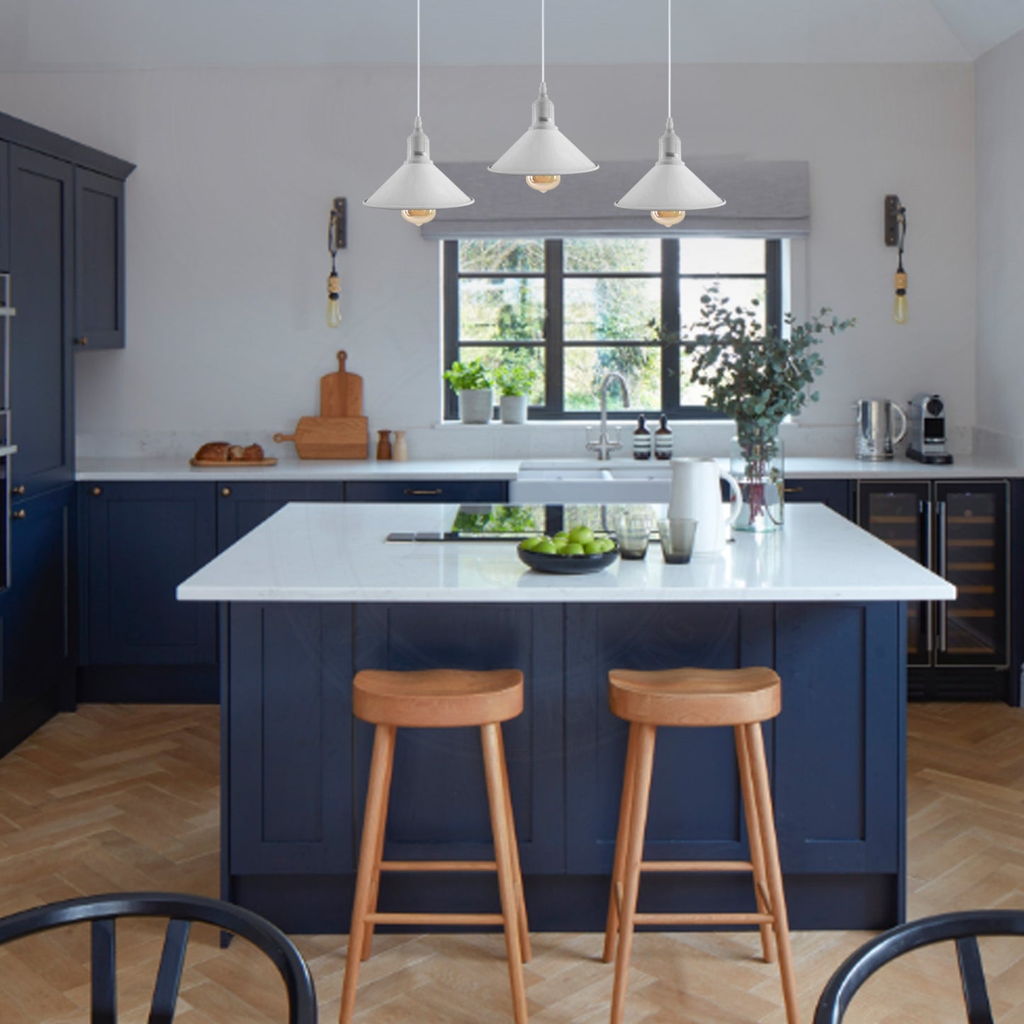 Industrial Vintage Loft Kitchen Bar 3 Lights Fittings Ceiling Cone Metal  E27 White without bulb