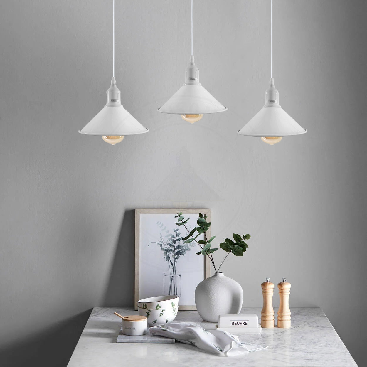 Industrial Vintage Loft Kitchen Bar 3 Lights Fittings Ceiling Cone Metal  E27 White without bulb