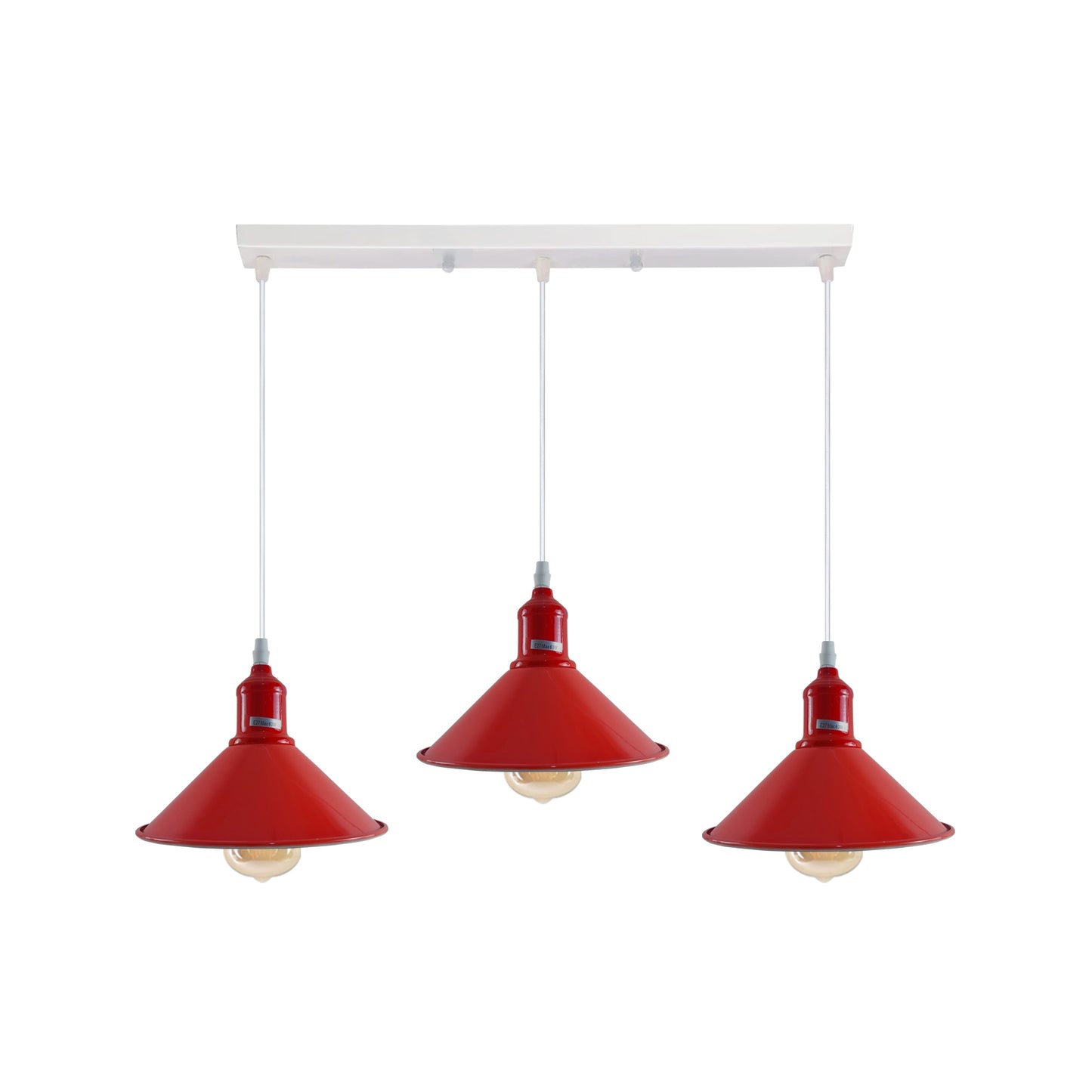 Industrial Vintage Loft Kitchen Bar 3 Lights Fittings Ceiling Cone Metal  E27 Red with bulb
