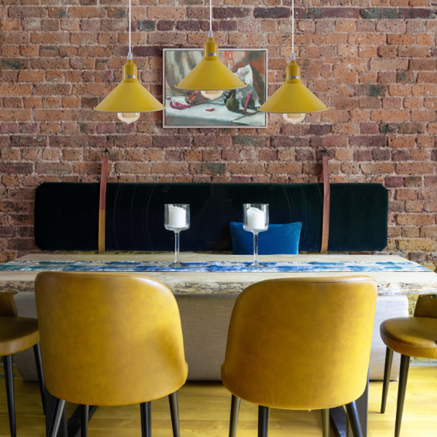 Industrial Vintage Loft Kitchen Bar 3 Lights Fittings Ceiling Cone Metal  E27 Yellow without bulb