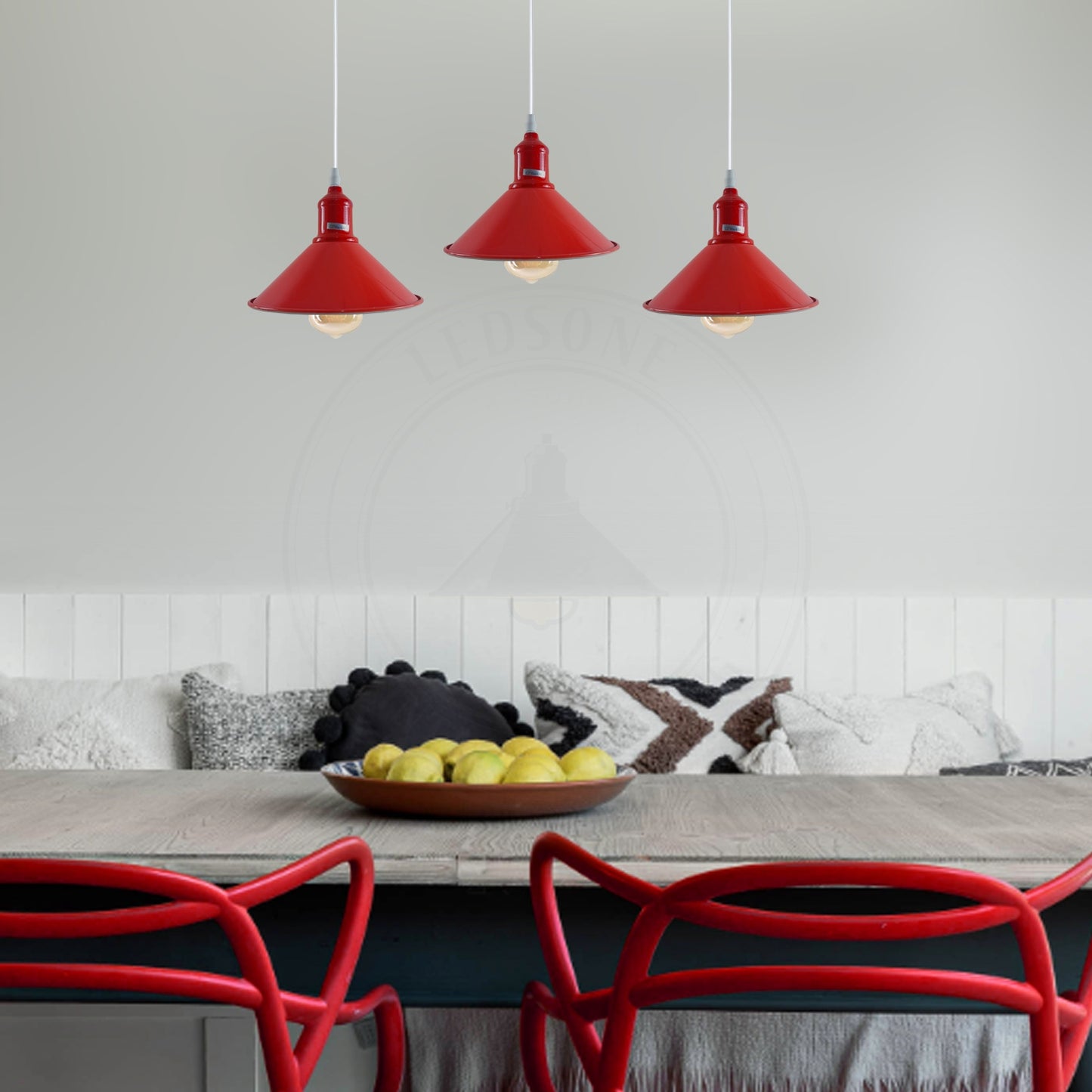 Industrial Vintage Loft Kitchen Bar 3 Lights Fittings Ceiling Cone Metal  E27 Red without bulb
