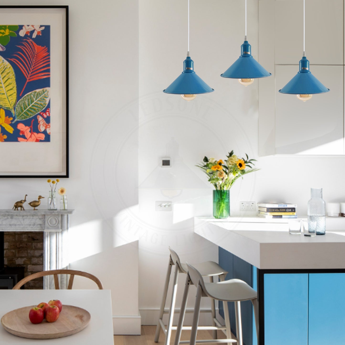 Industrial Vintage Loft Kitchen Bar 3 Lights Fittings Ceiling Cone Metal  E27 Blue without bulb