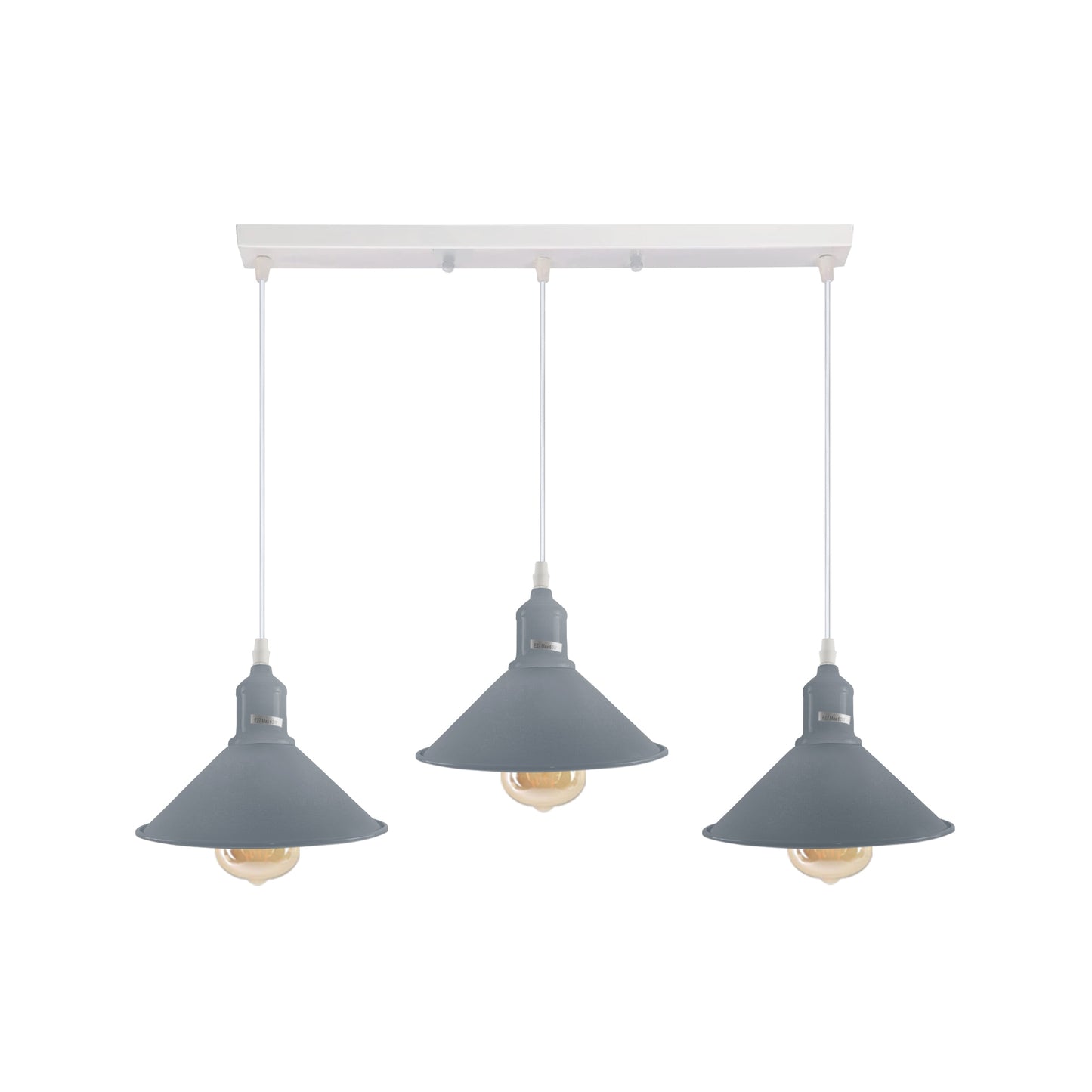 Industrial Vintage Loft Kitchen Bar 3 Lights Fittings Ceiling Cone Metal  E27 Grey with bulb