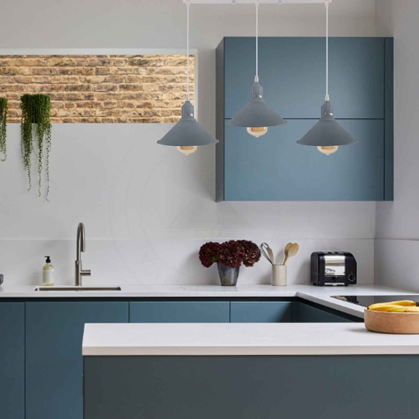 Industrial Vintage Loft Kitchen Bar 3 Lights Fittings Ceiling Cone Metal  E27 Grey with bulb