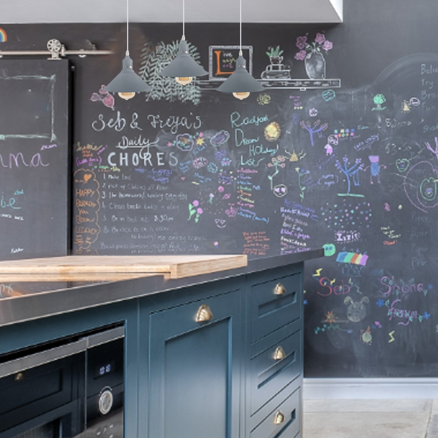 Industrial Vintage Loft Kitchen Bar 3 Lights Fittings Ceiling Cone Metal  E27 Grey with bulb