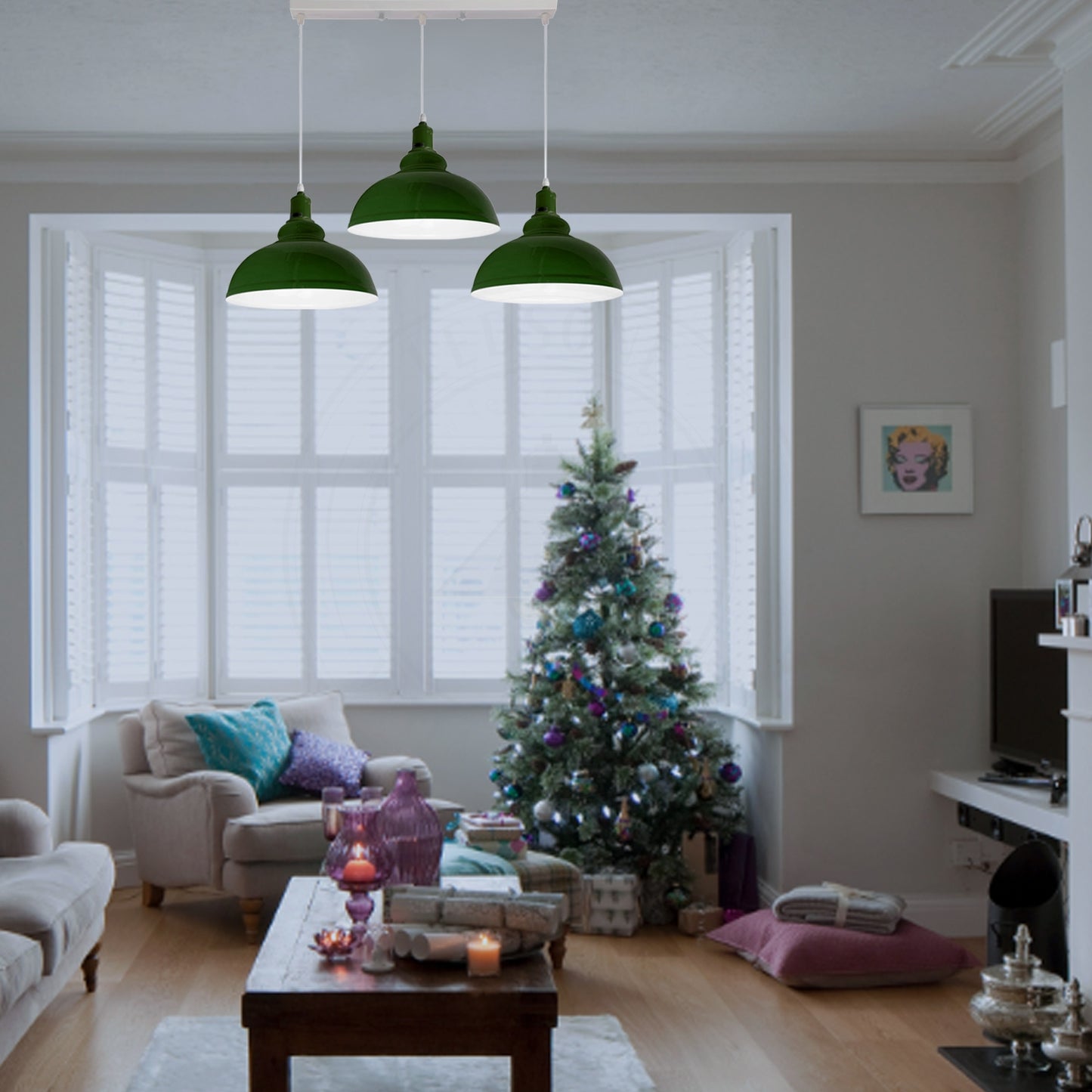 Industrial Vintage Loft Kitchen Bar 3 Lights Fittings Ceiling Curvy Metal E27 Green, White without bulb