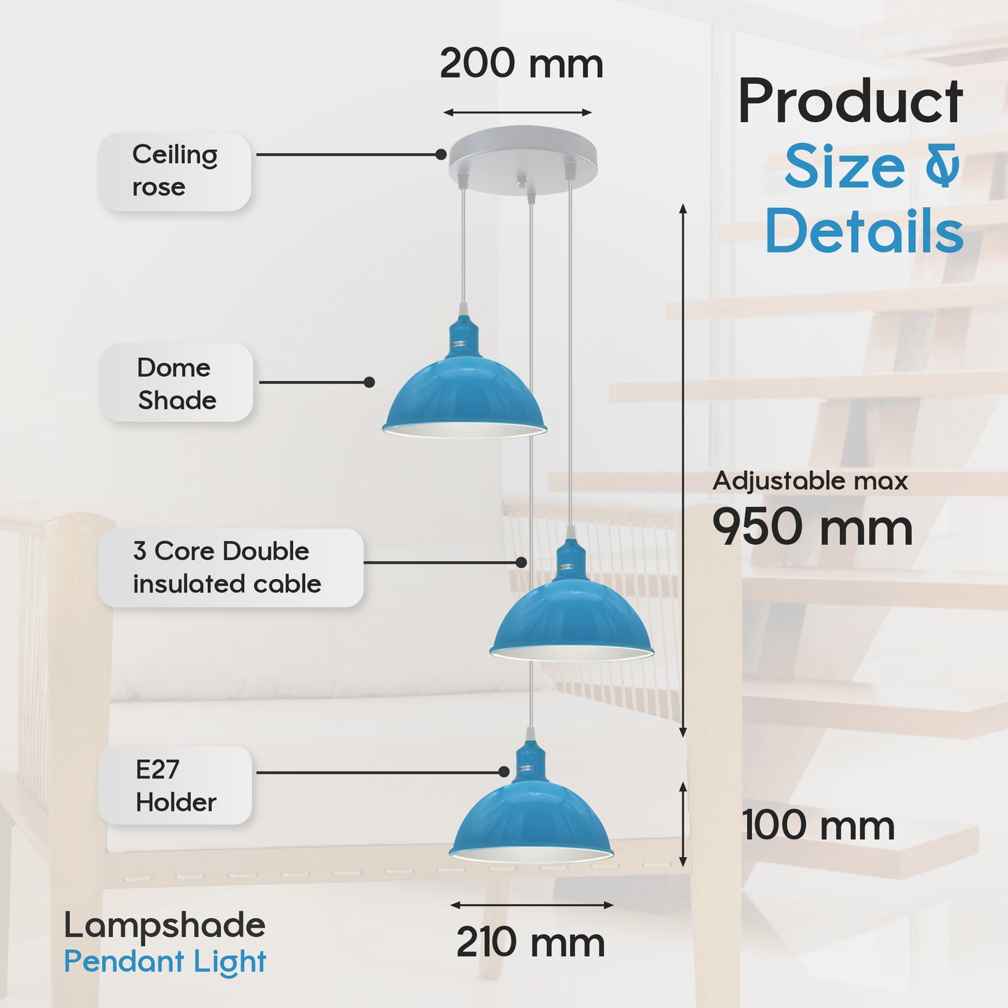 Vintage Industrial Round Three Outlet 21cm Pendant Light Blue with bulb