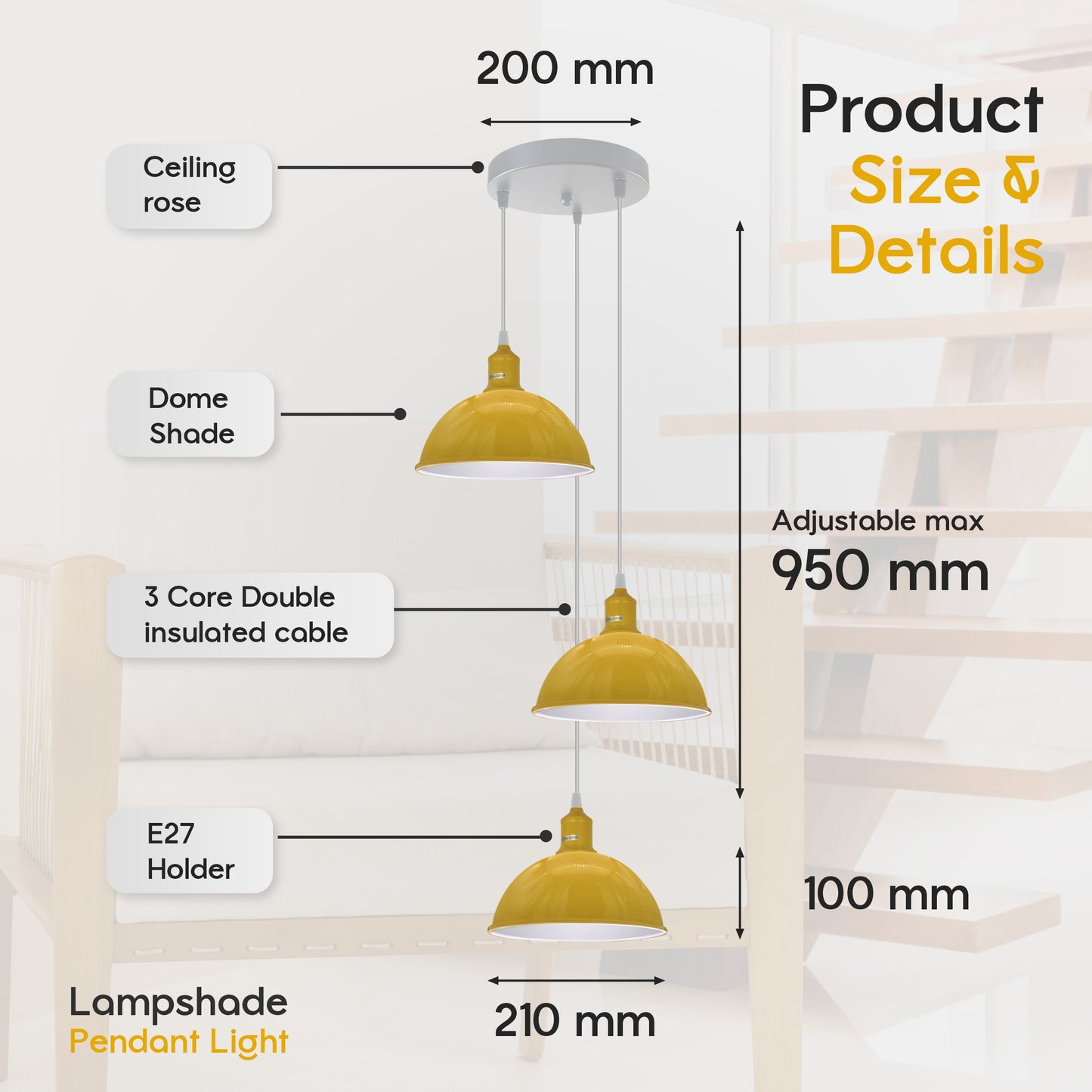 Vintage Industrial Round Three Outlet 21cm Pendant Light Yellow without bulb