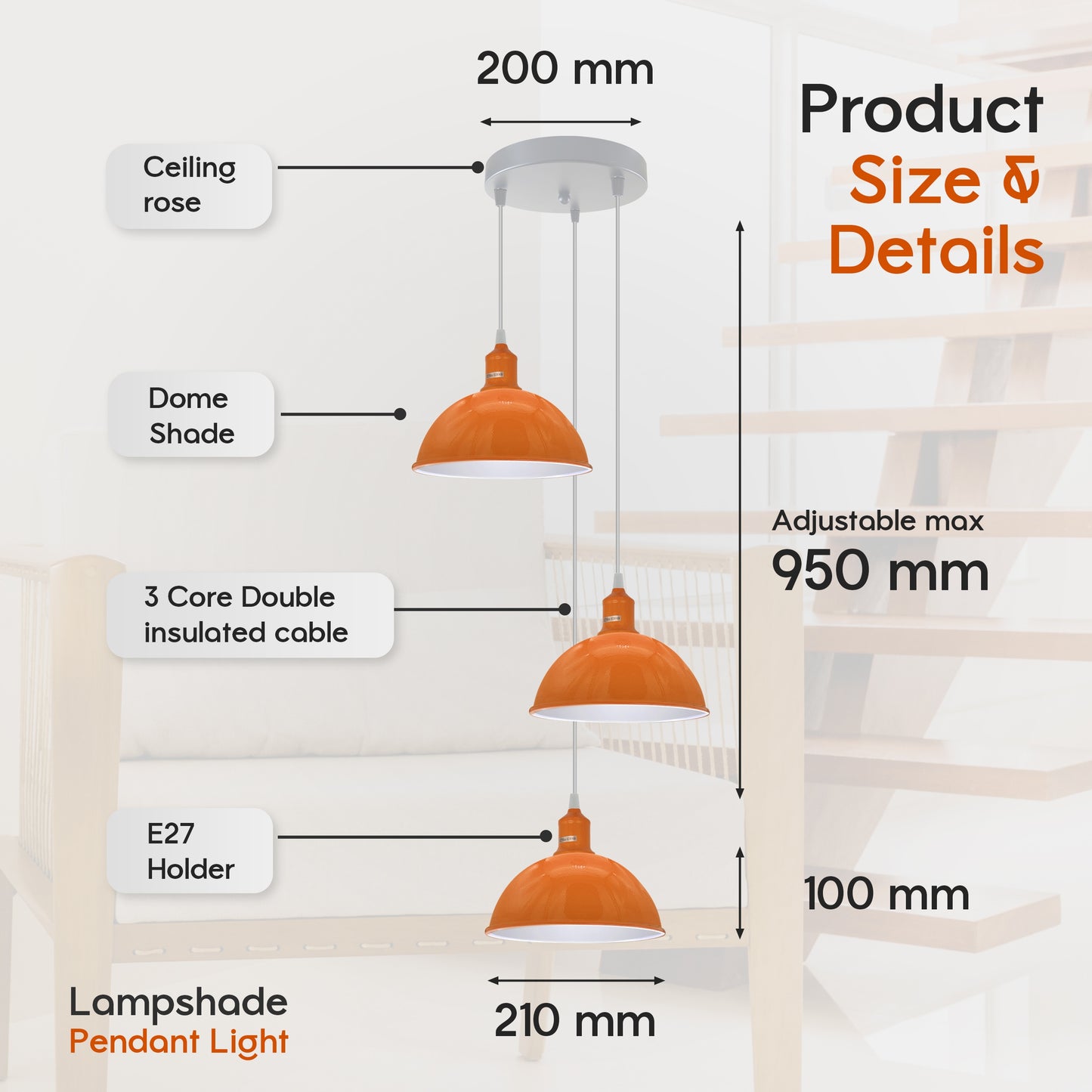 Vintage Industrial Round Three Outlet 21cm Pendant Light Orange without bulb