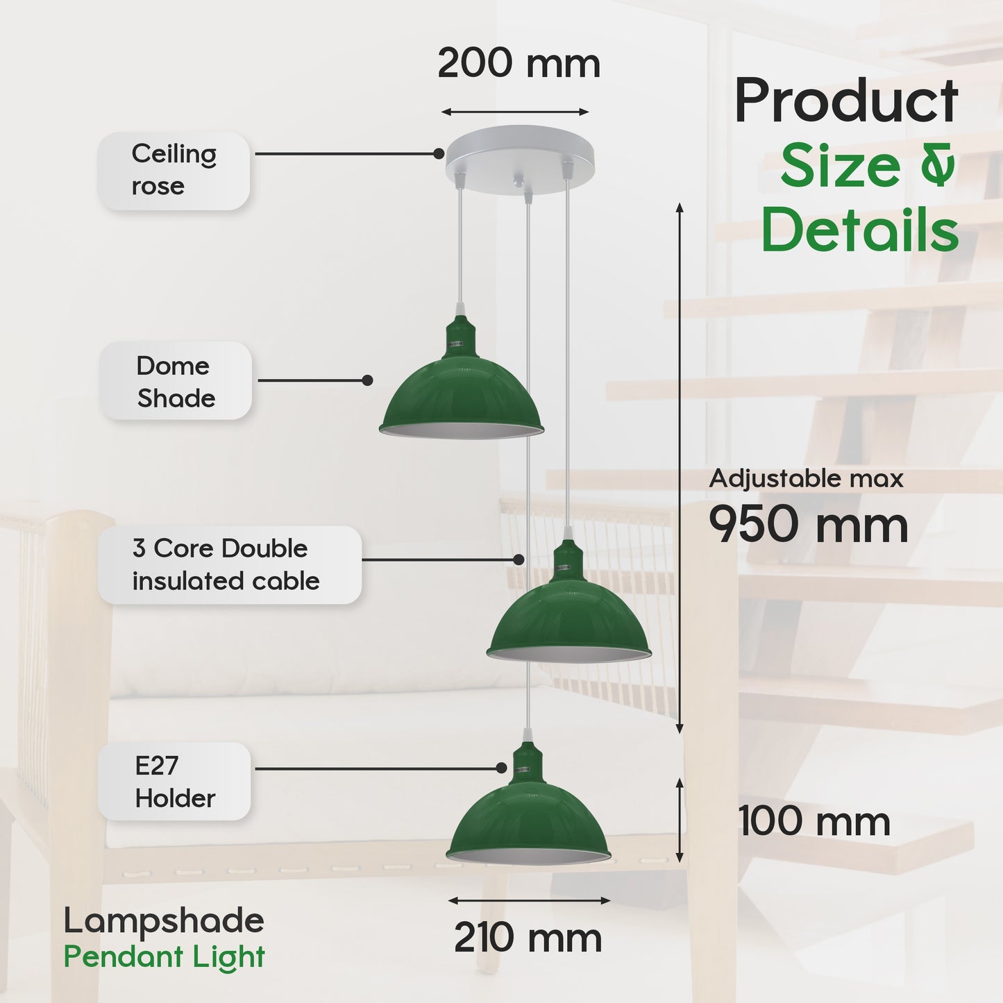 Vintage Industrial Round Three Outlet 21cm Pendant Light Green with bulb