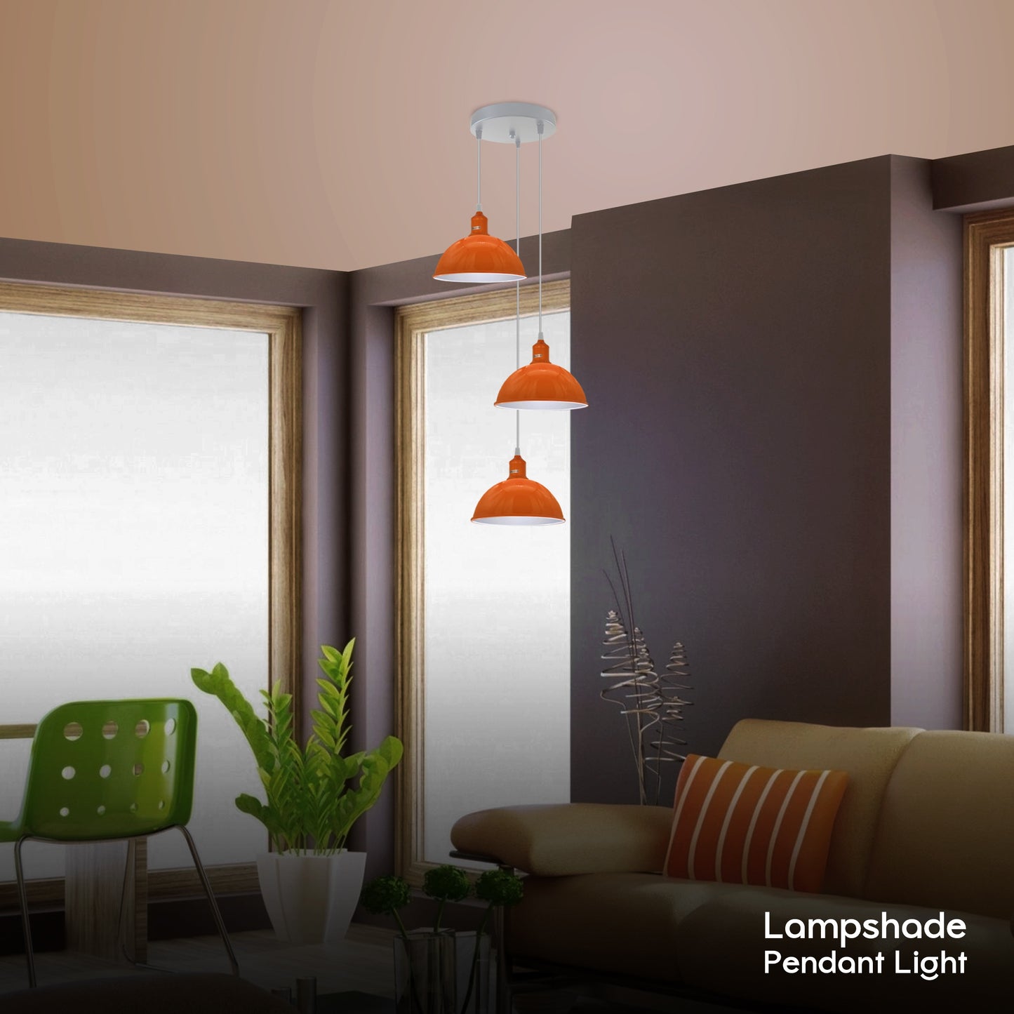 Vintage Industrial Round Three Outlet 21cm Pendant Light Orange with bulb