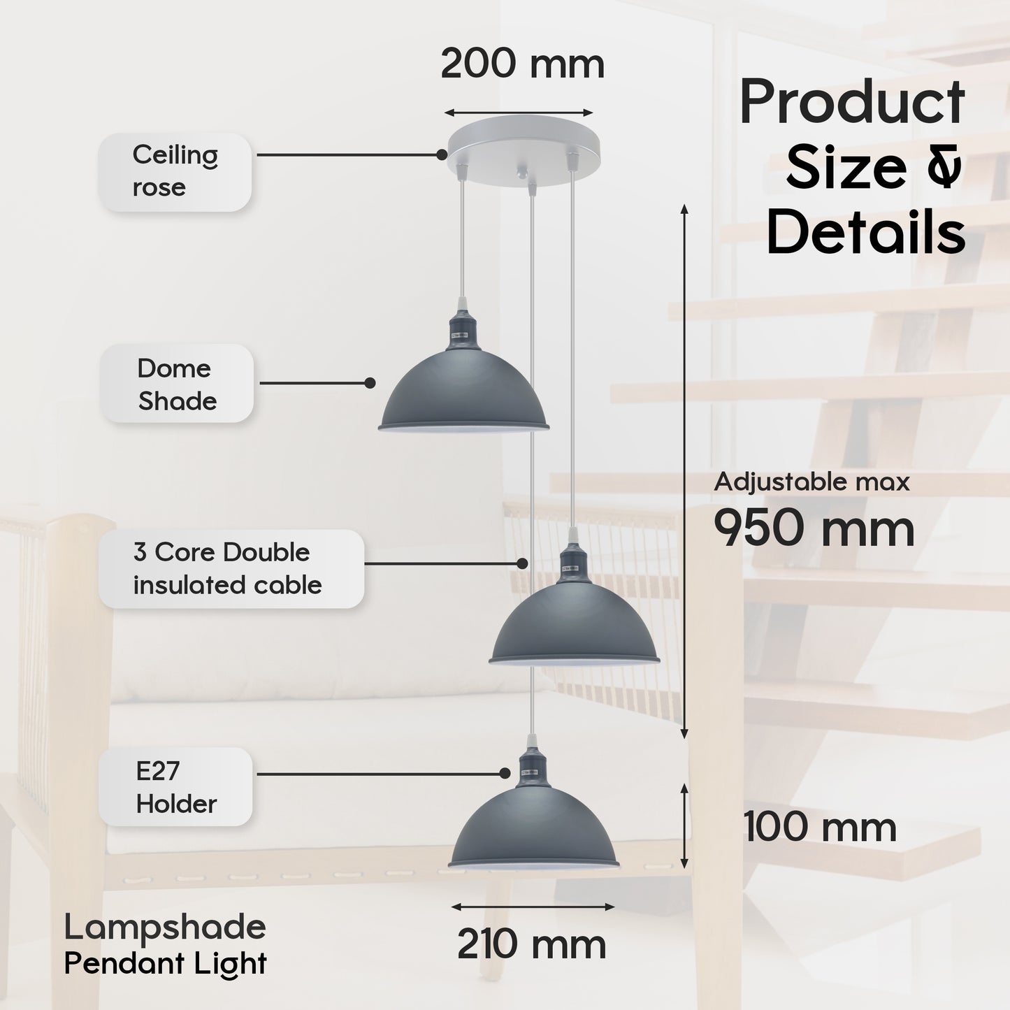 Vintage Industrial Round Three Outlet 21cm Pendant Light Grey without bulb