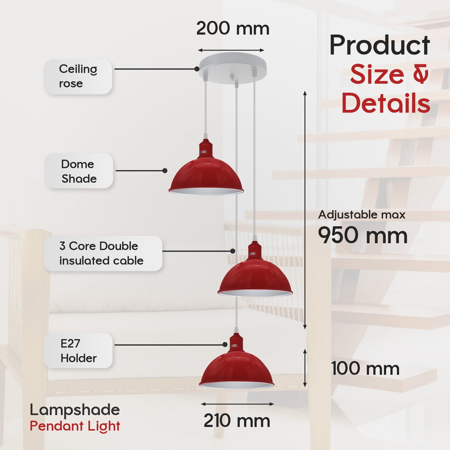 Vintage Industrial Round Three Outlet 21cm Pendant Light Red with bulb