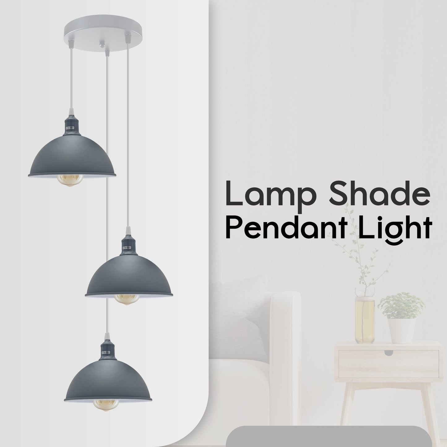 Vintage Industrial Round Three Outlet 21cm Pendant Light Grey with bulb