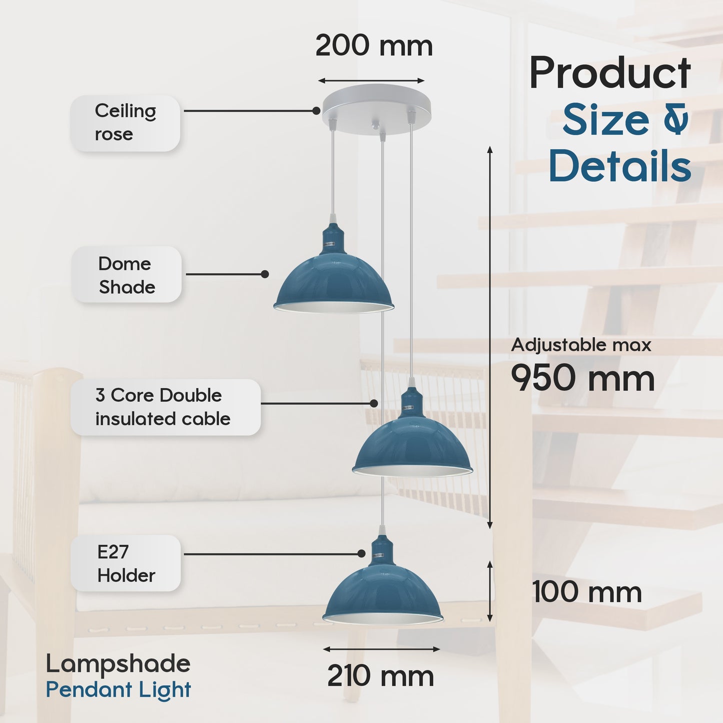 Vintage Industrial Round Three Outlet 21cm Pendant Light Cyan Blue without bulb