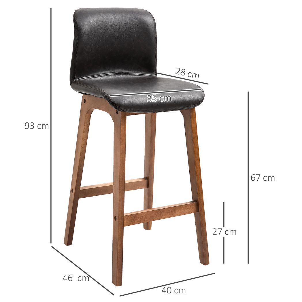 2 Pcs 93cm Faux Leather Bar Stools Wooden Frame Footrest Padding High Back Brown