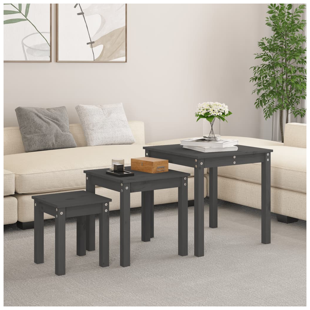Nesting Tables 3 pcs Grey Solid Wood Pine