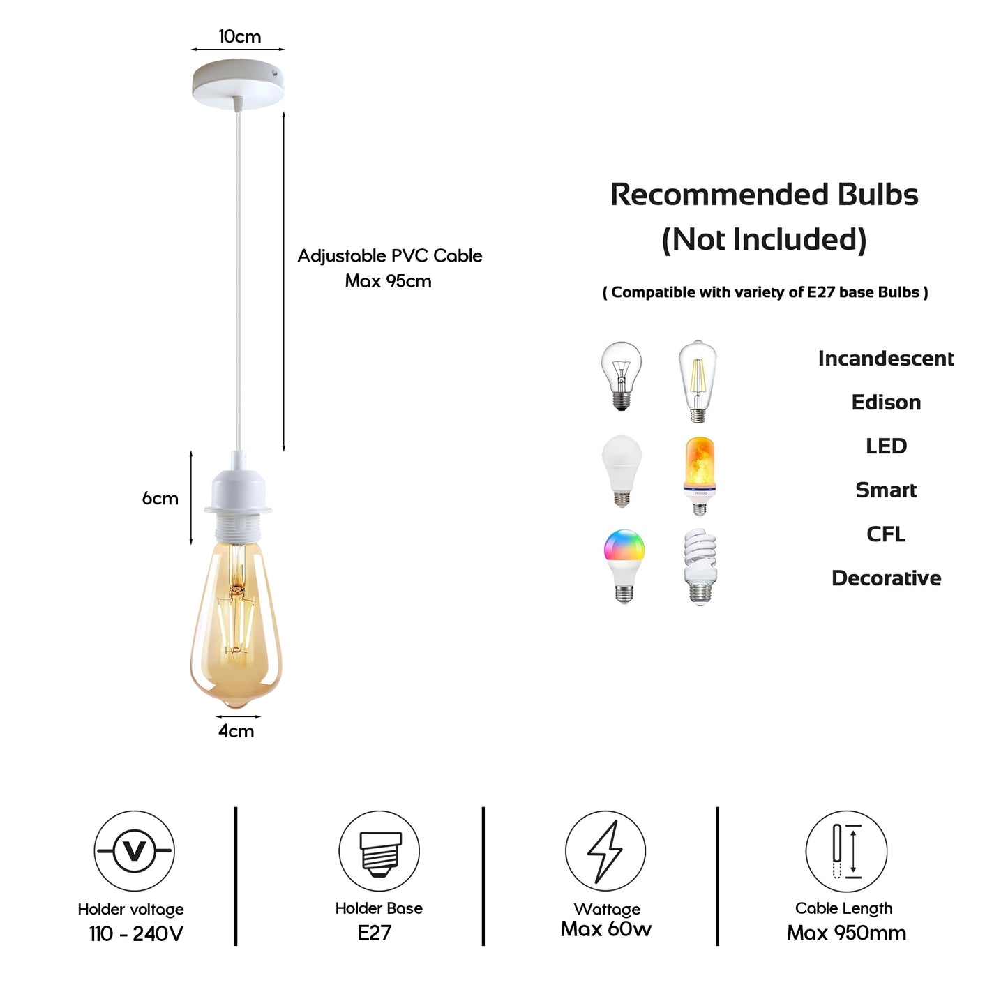5 Pack Vintage Industrial Style White Ceiling Pendant Lamp E27 Base Metal Screw Lamp Holder