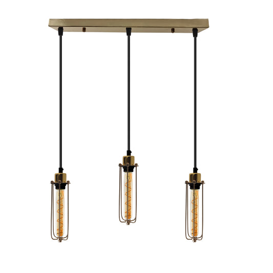 3 Head Rectangular Ceiling E27 Pendant Light with Wire Cage - Industrial Vintage Hanging Lamp