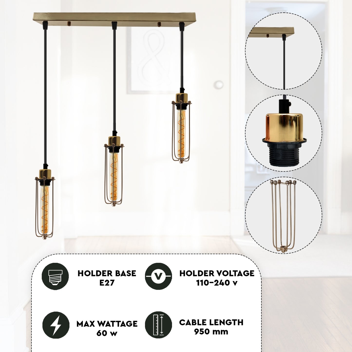 3 Head Rectangular Ceiling E27 Pendant Light with Wire Cage - Industrial Vintage Hanging Lamp