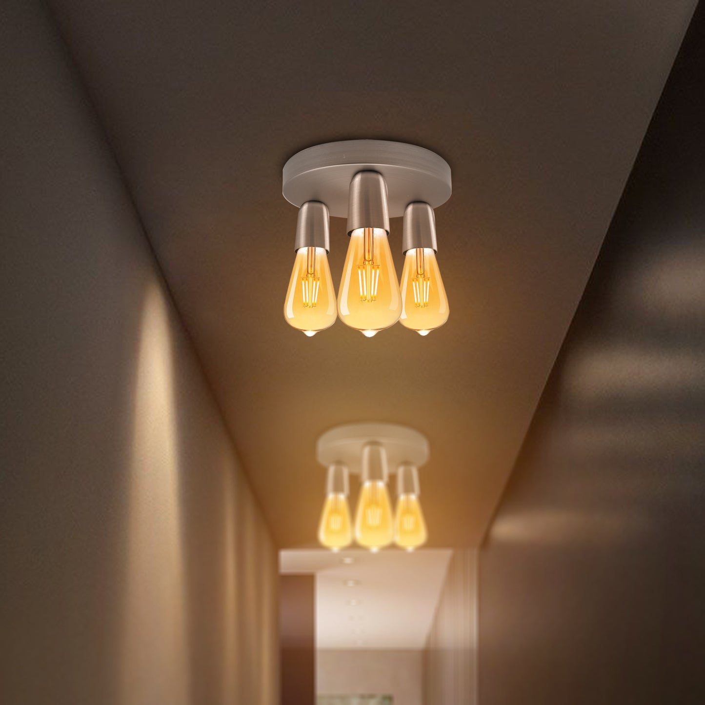 Satin Nickel Vintage Ceiling Light 3 Way Ceiling E27 Lamp Base Semi Flush Ceiling Lamp