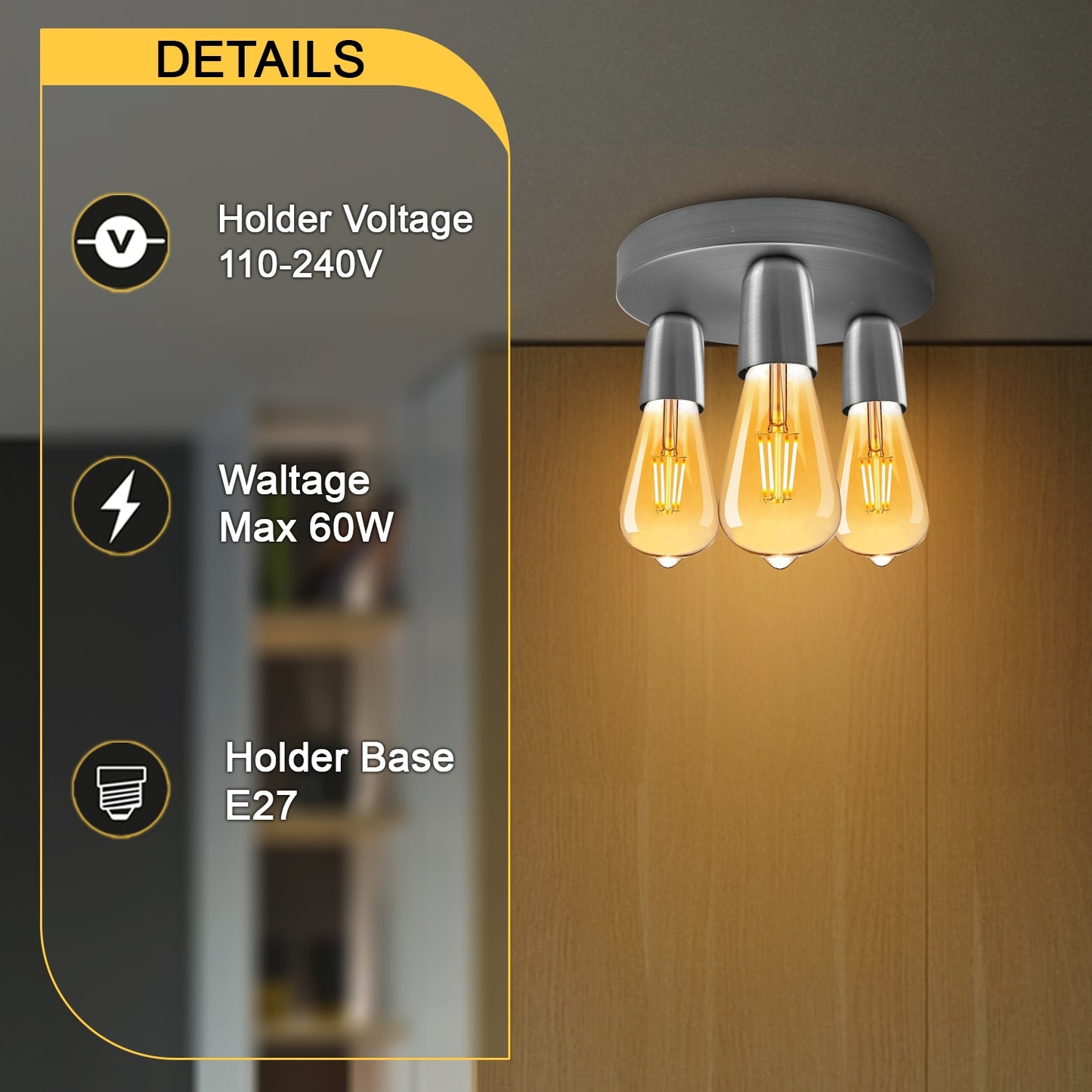 Satin Nickel Vintage Ceiling Light 3 Way Ceiling E27 Lamp Base Semi Flush Ceiling Lamp