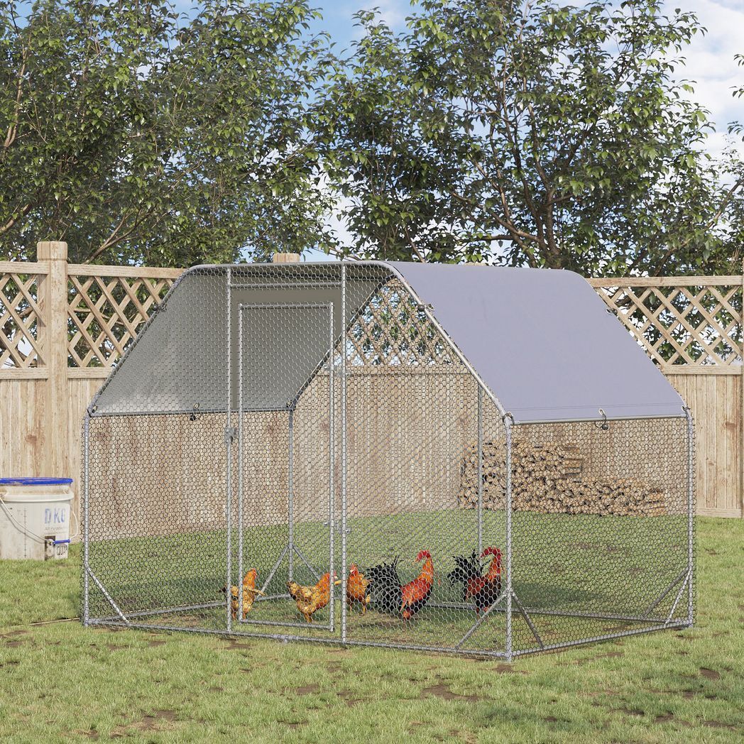 Chicken Run W/ Roof, Walk In Chicken Coop for 4-6 Chickens, Hen House