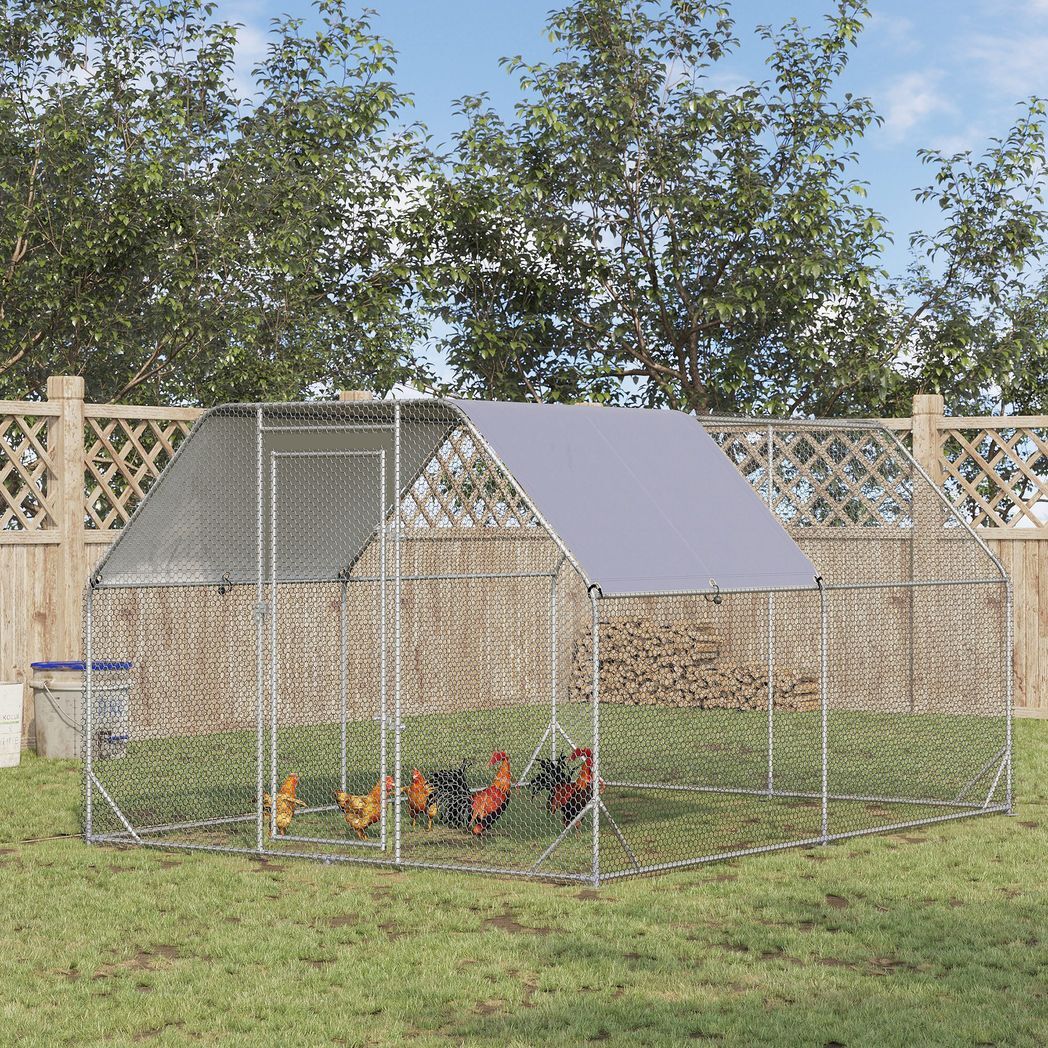 Chicken Run W/ Roof, Walk In Chicken Coop for 10-12 Chickens, Hen House