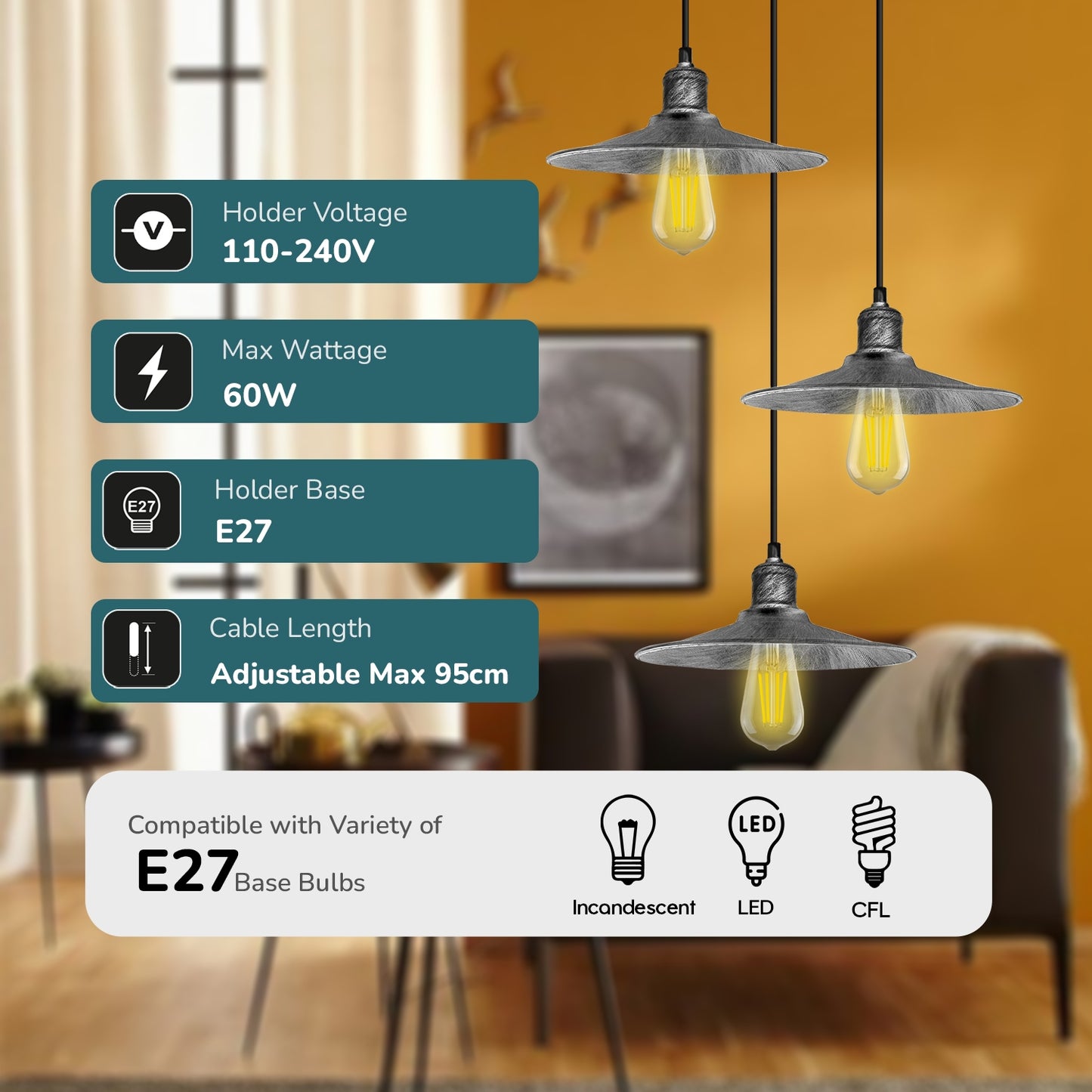 3 Head Round Base Vintage Ceiling Pendant Light Shade Hanging Lamp