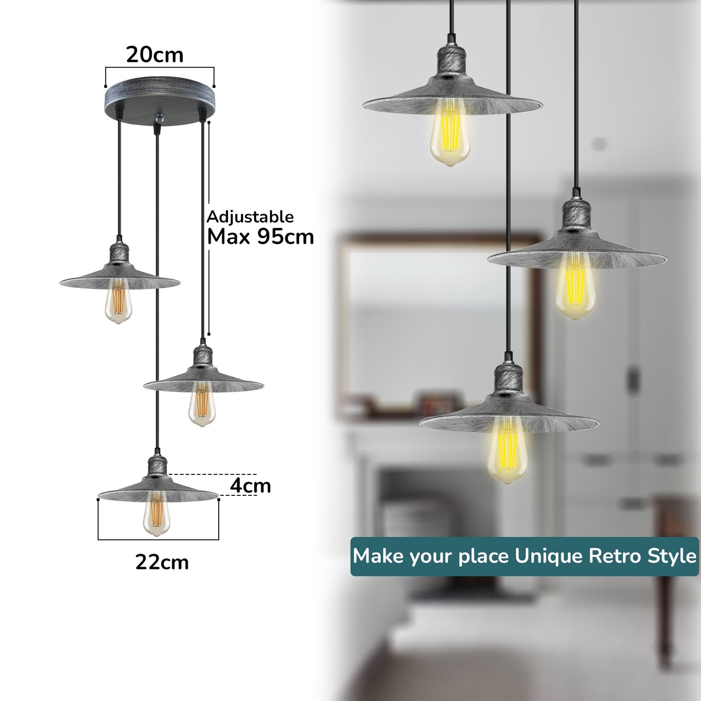 3 Head Round Base Vintage Ceiling Pendant Light Shade Hanging Lamp Light