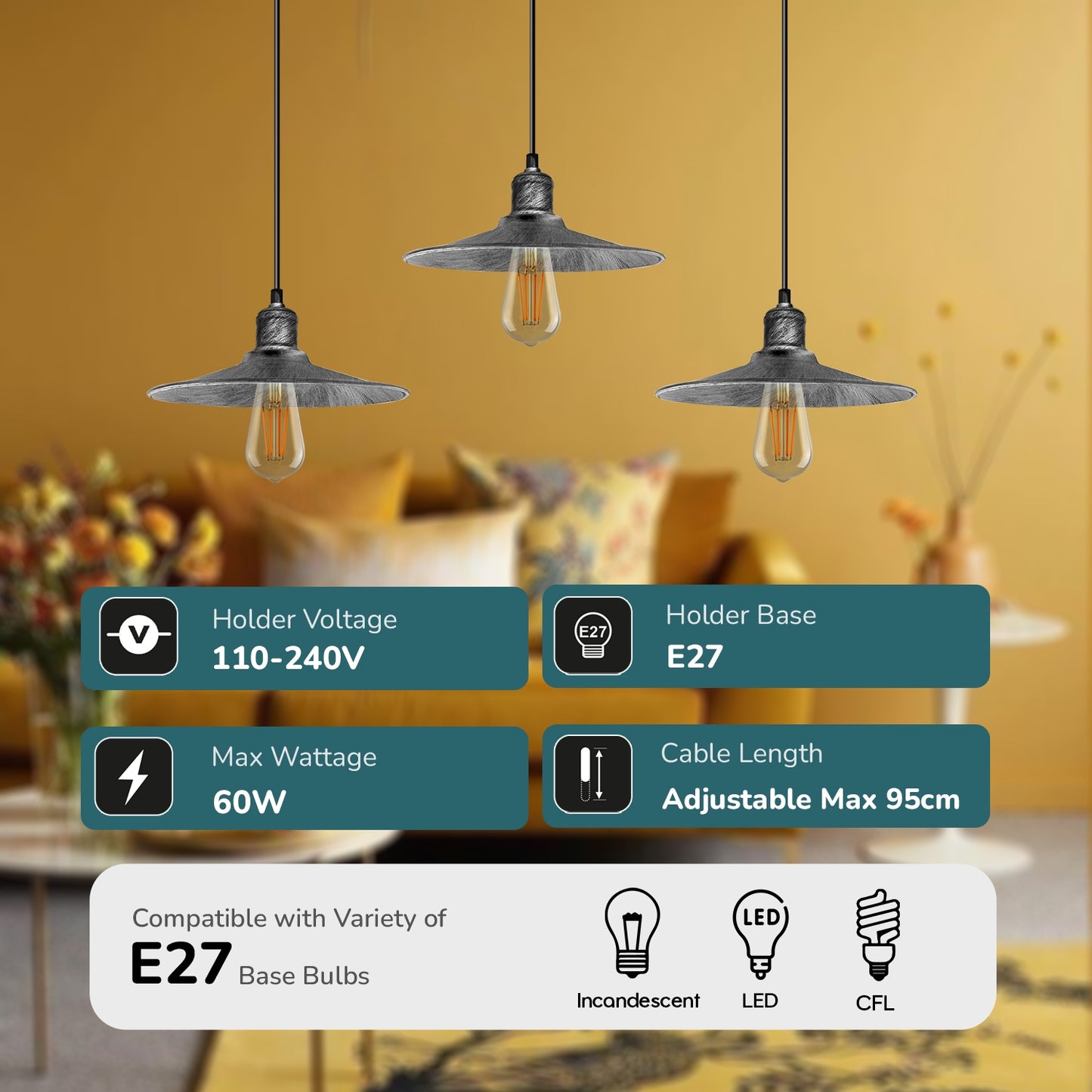 3 Head Rectangle Base Vintage Ceiling Pendant Light Shade Hanging Lamp