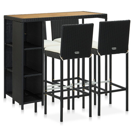 5 Piece Garden Bar Set with Cushions Poly Rattan Black