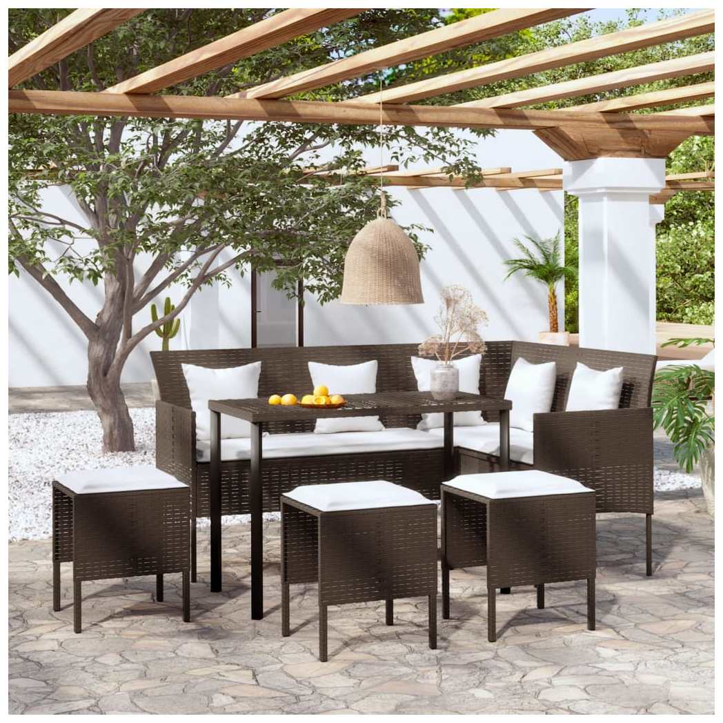 5 Piece L-shaped Couch Sofa Set with Cushions Poly Rattan Brown